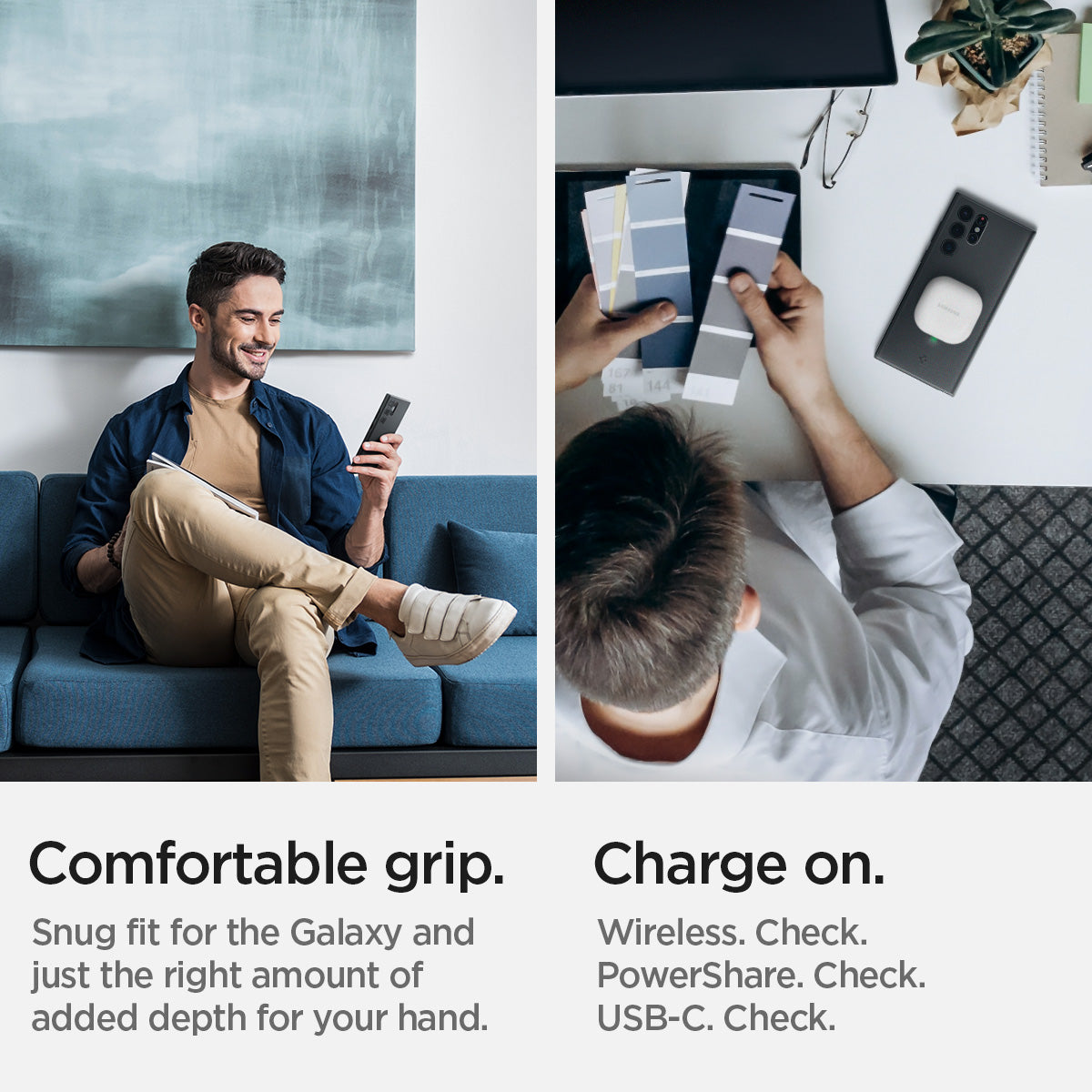 ACS03911 - Galaxy S22 Ultra 5G Case Thin Fit in black showing the comfortable grip. Snug fit for the Galaxy and just the right amount of added depth for your hand. Charge on wireless, powershare and USB-C all check