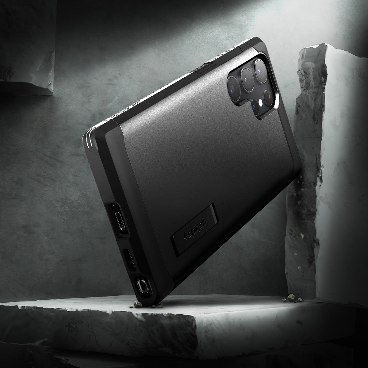 ACS03923 - Galaxy S22 Ultra 5G Case Tough Armor in black showing back with the rock.