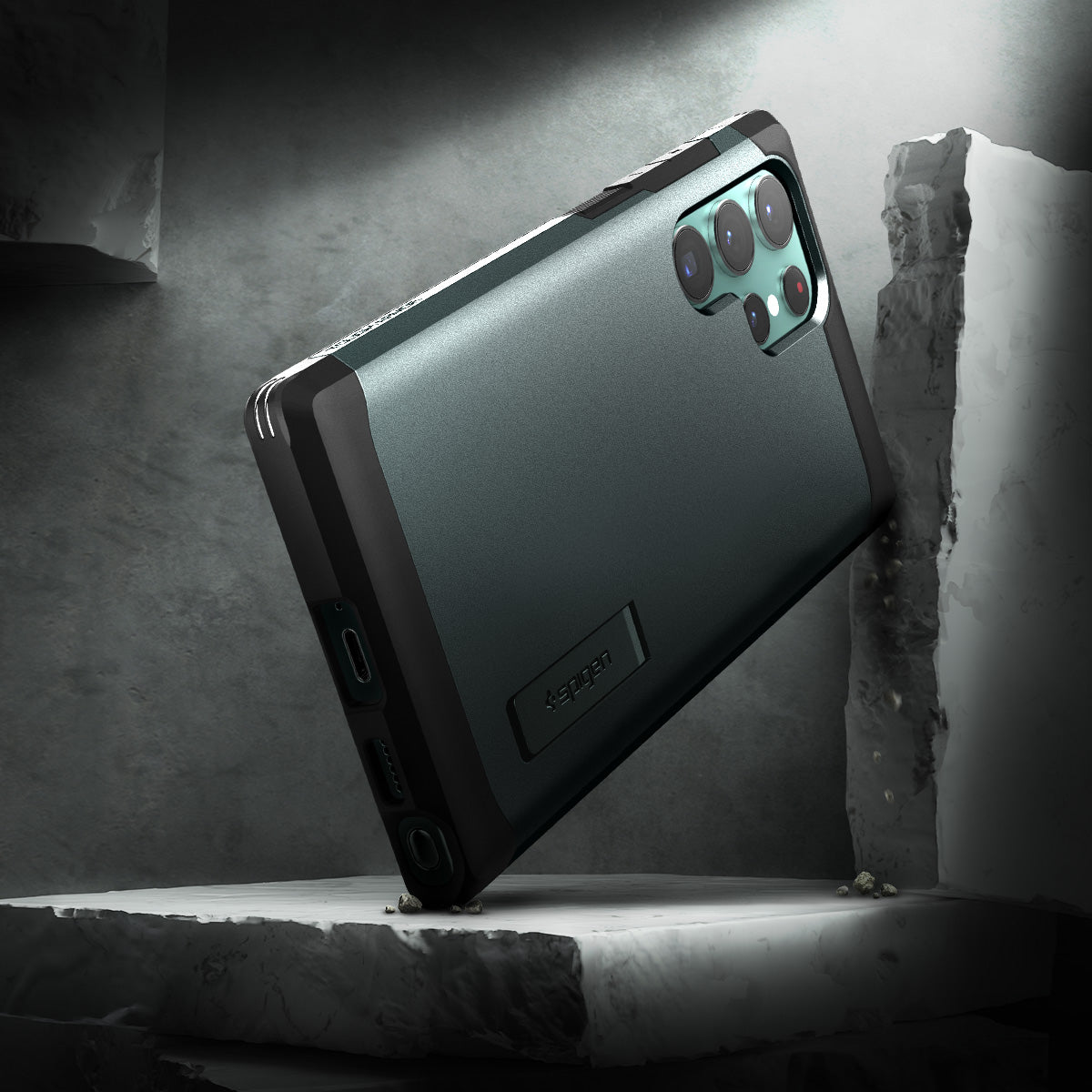 ACS04519 - Galaxy S22 Ultra 5G Case Tough Armor in abyss green showing back with the rock.