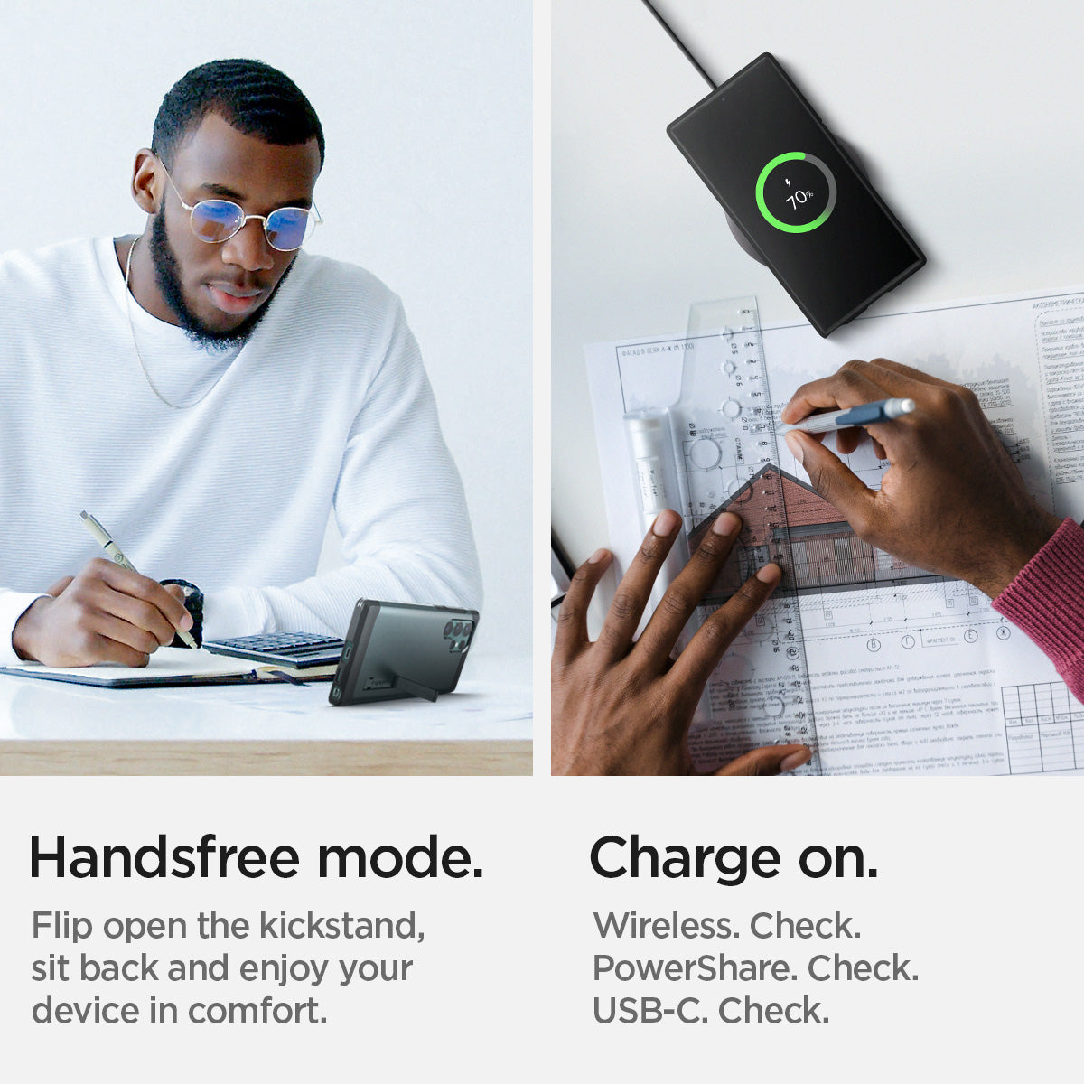ACS04519 - Galaxy S22 Ultra 5G Case Tough Armor in abyss green handsfree mode. Flip open the kickstand, sit back and enjoy your device in comfort. Charge on. Wireless check. Powershare check. USB-C check.
