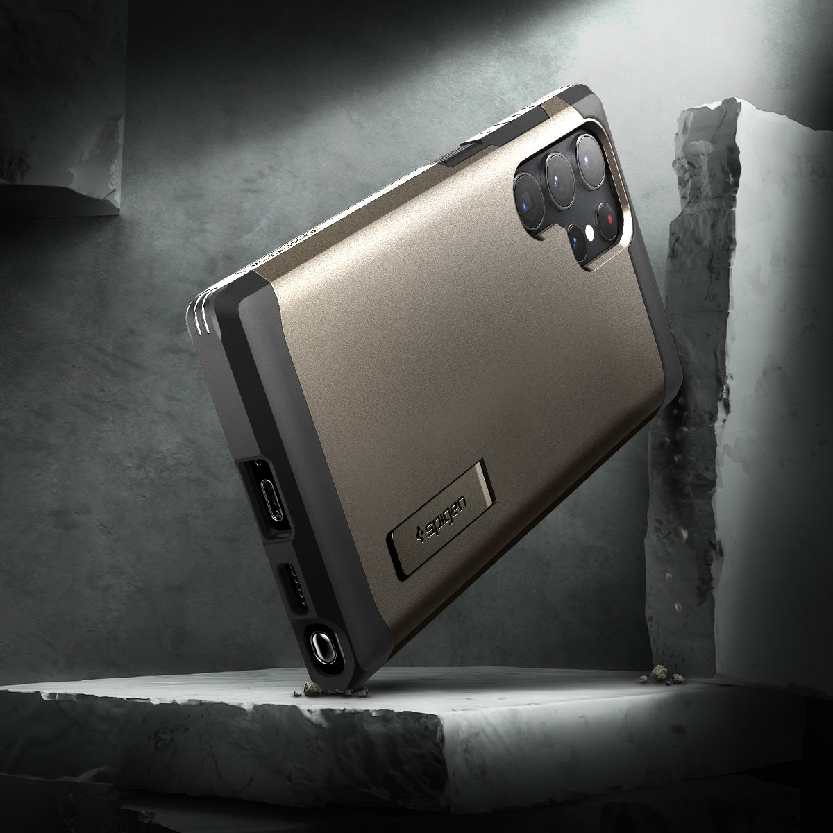ACS03924 - Galaxy S22 Ultra 5G Case Tough Armor in gunmetal showing back with the rock.