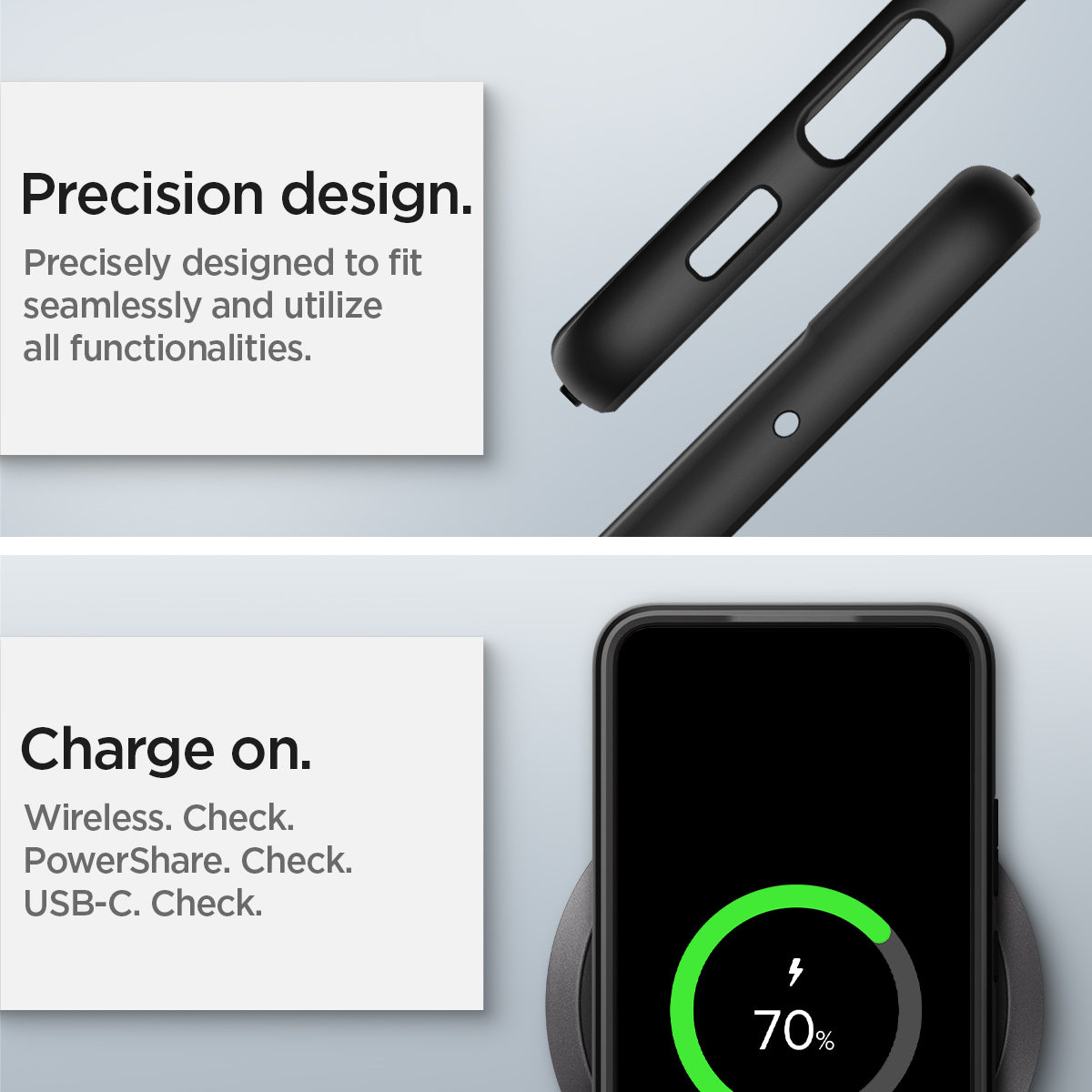 ACS03955 - Galaxy S22 Plus 5G Case Ultra Hybrid in matte black precision design. precisely designed to fit seamlessly and utilize all functionalities. charge on. powershare. wireless charge. USB-C cable.