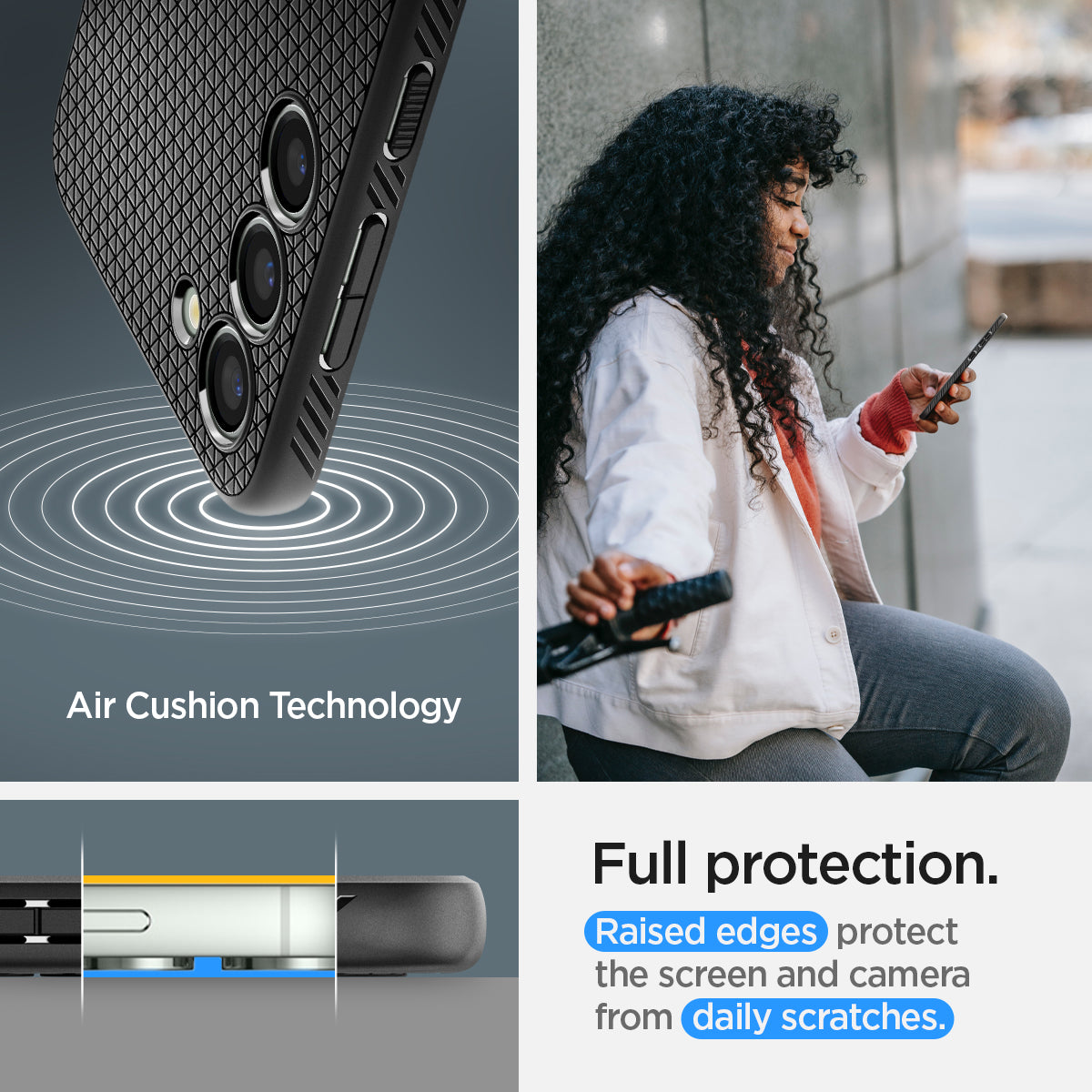 ACS05712 - Galaxy S23 Case Liquid Air in matte black showing the full protection. Raised edges protect the screen and camera from daily scratches with air cushion technology