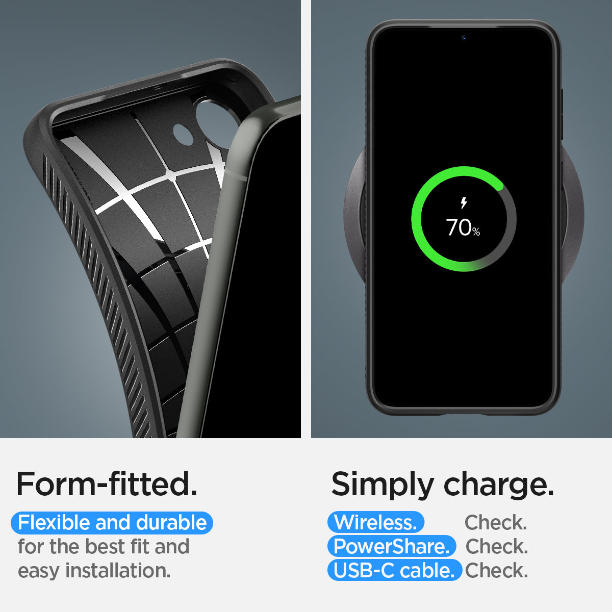 ACS05712 - Galaxy S23 Case Liquid Air in matte black showing the form-fitted. Flexible and durable for the best fit and easy installation. Simply charge with wireless, PowerShare and USB- C all check