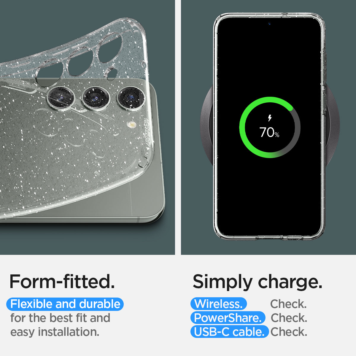 ACS05710 - Galaxy S23 Case Liquid Crystal Glitter in crystal quartz form fitted flexible and durable for the best fit and easy installation. Simply charge wireless check. powershare check. USB-C cable.