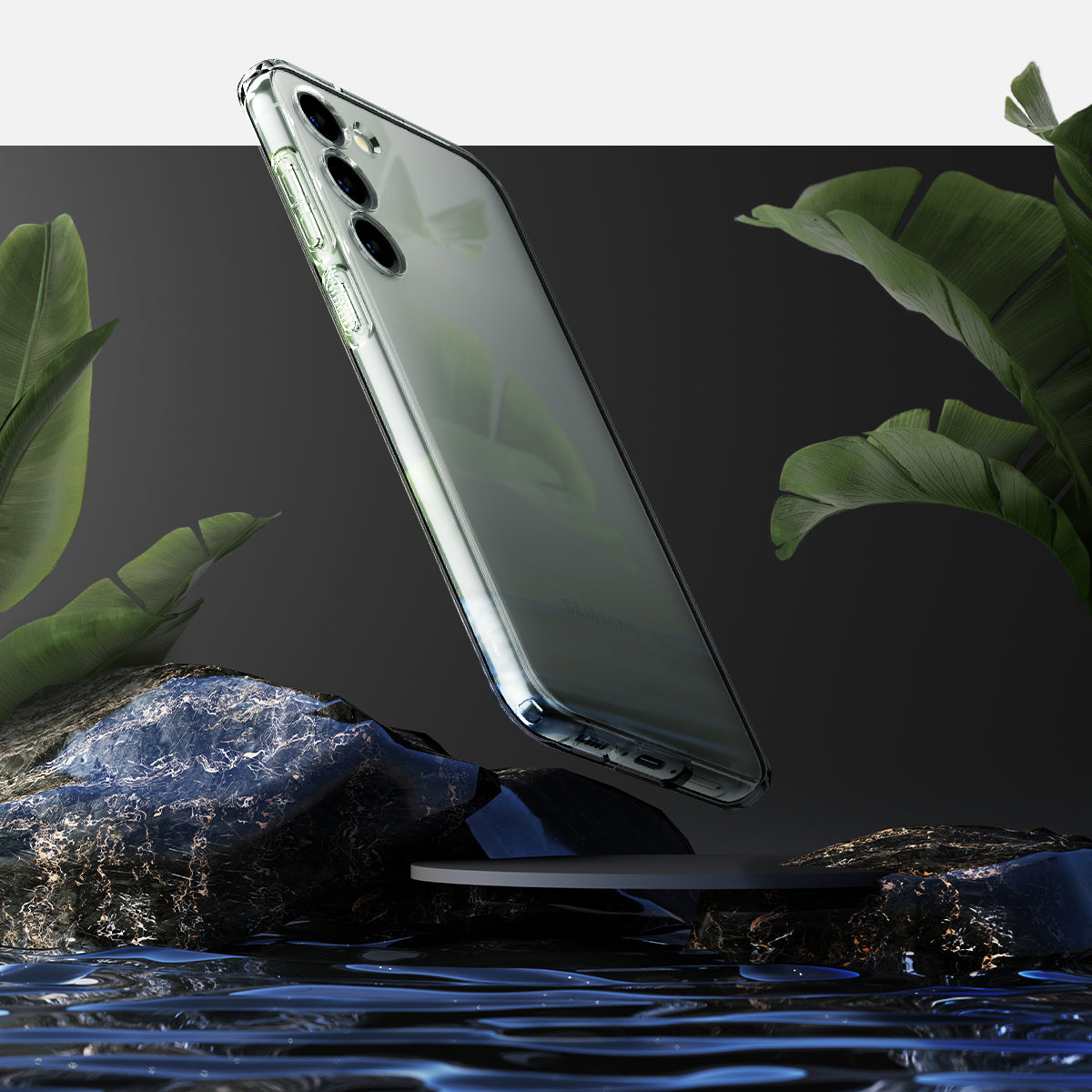 ACS05662 - Galaxy S23 Plus Case Liquid Crystal in crystal clear showing back over the water.