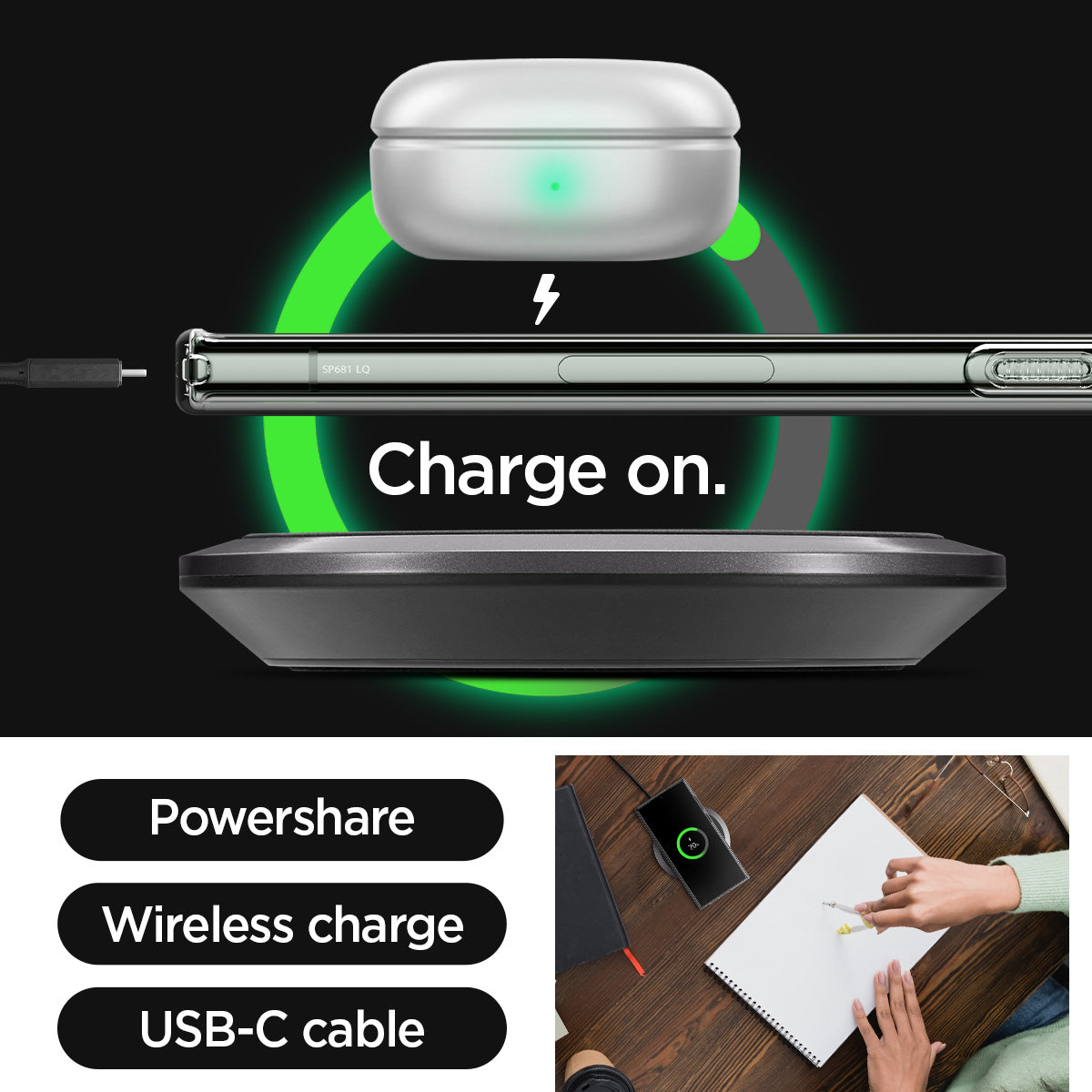 ACS05610 - Galaxy S23 Ultra Case Liquid Crystal in crystal clear charge on. powershare. wireless charge. USB-C cable.
