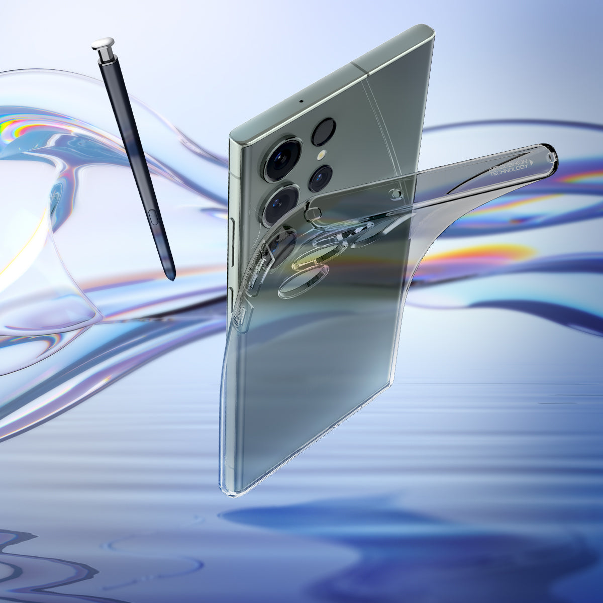 ACS05611 - Galaxy S23 Ultra Case Liquid Crystal in space crystal showing clear back with a pen.