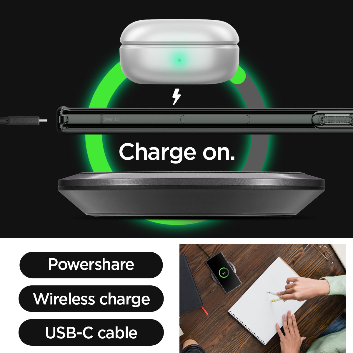 ACS05611 - Galaxy S23 Ultra Case Liquid Crystal in space crystal charge on. powershare. wireless charge. USB-C cable.