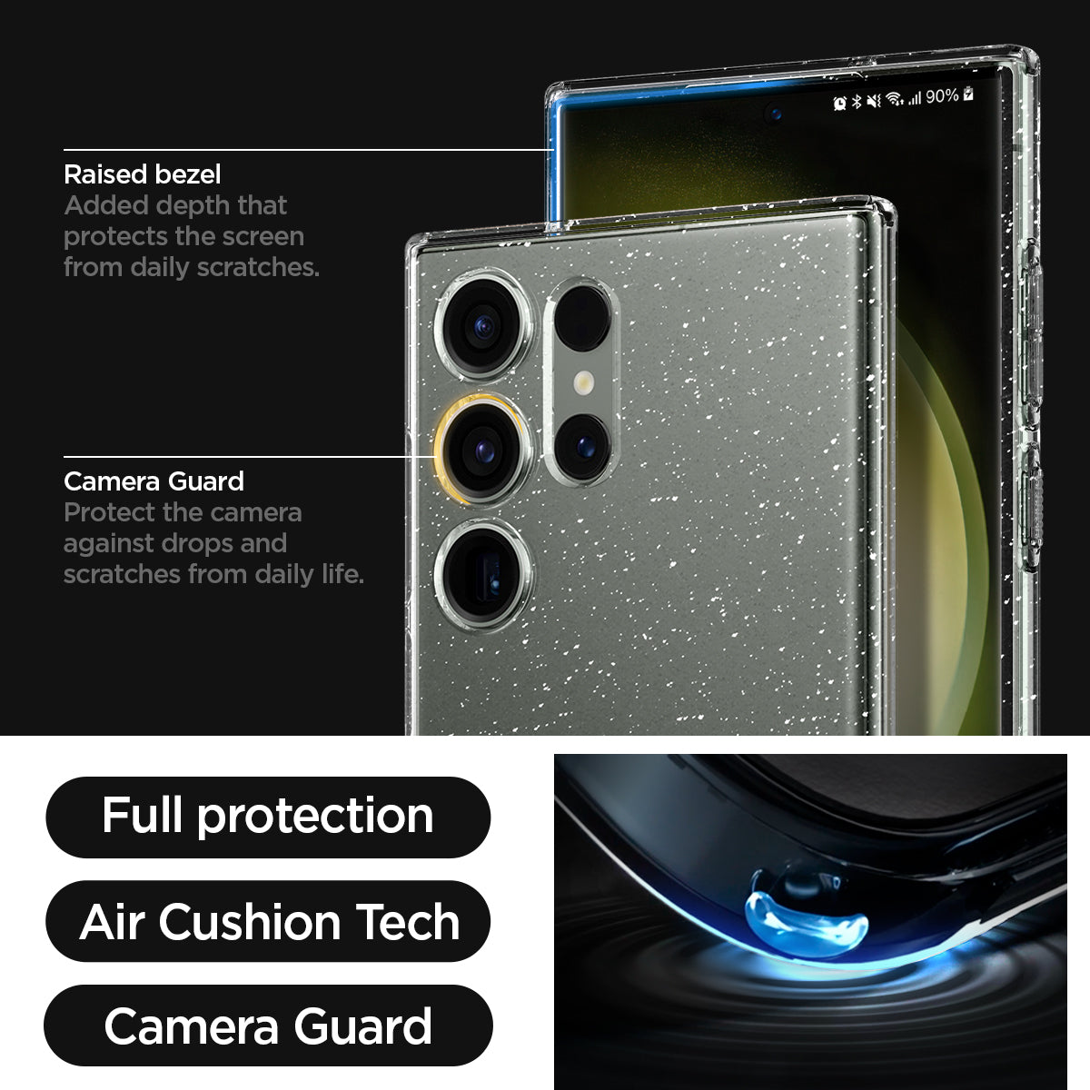 ACS05612 - Galaxy S23 Ultra Case Liquid Crystal Glitter in crystal quartz raised bezel added depth that protects the screen from daily scratches. camera guard protect the camera against drops and scratches from daily life. full protection. air cushion tech. camera guard.