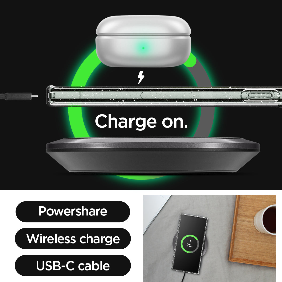 ACS05612 - Galaxy S23 Ultra Case Liquid Crystal Glitter in crystal quartz charge on. powershare. wireless charge. USB-C cable.