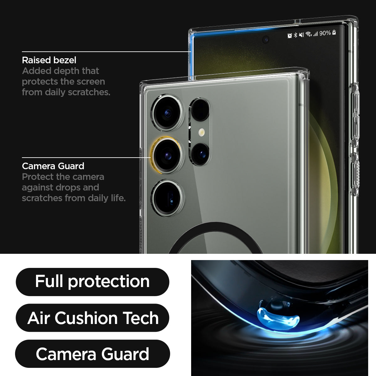ACS05621 - Galaxy S23 Ultra Case Ultra Hybrid One Tap Ring in black raised bezel added depth that protects the screen from daily scratches. camera guard protect the camera against drops and scratches from daily life. full protection. air cushion tech. camera guard.