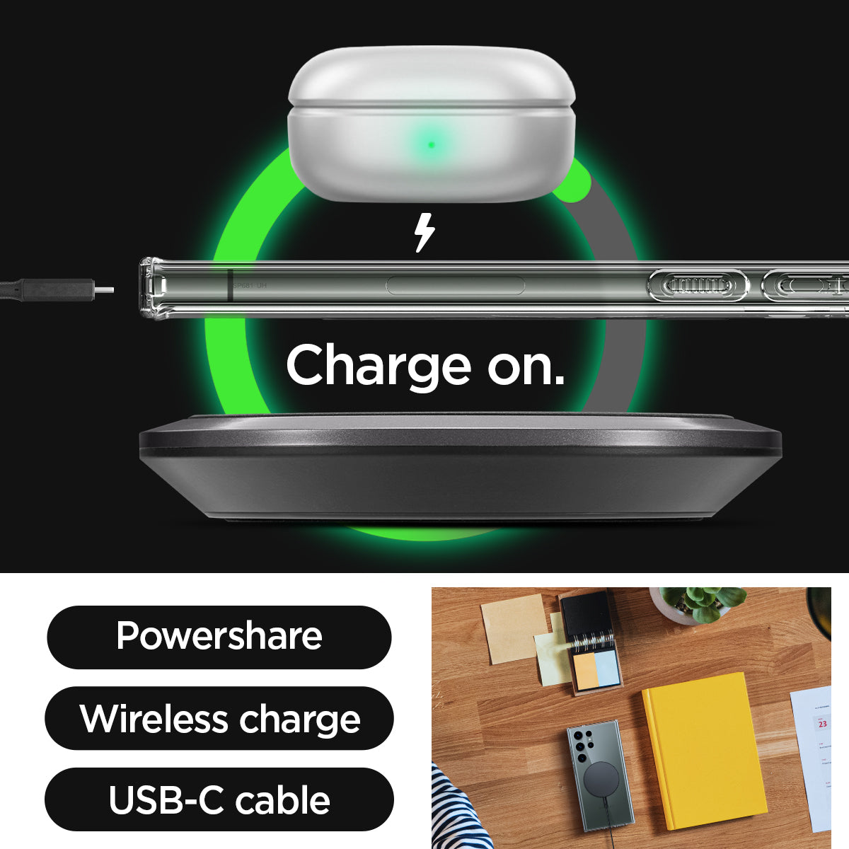 ACS05621 - Galaxy S23 Ultra Case Ultra Hybrid One Tap Ring in black charge on. powershare. wireless charge. USB-C cable.