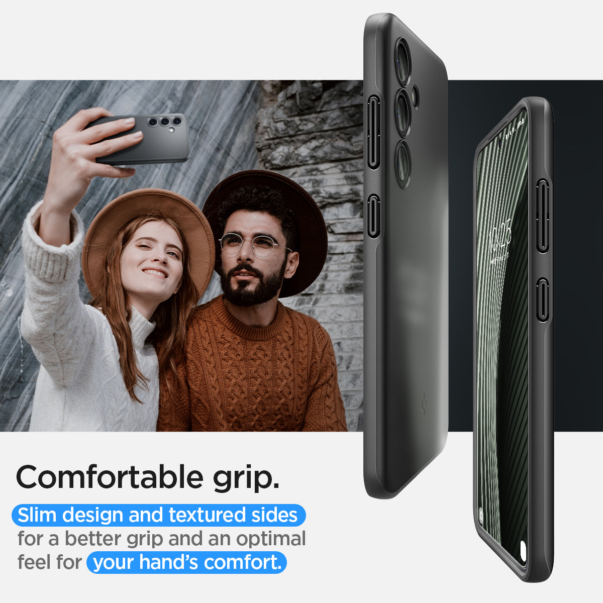 ACS07341 - Galaxy S24 Case Thin Fit in Black comfortable grip. Slim design and textured sides for a better grip and an optimal feel for your hand's comfort.