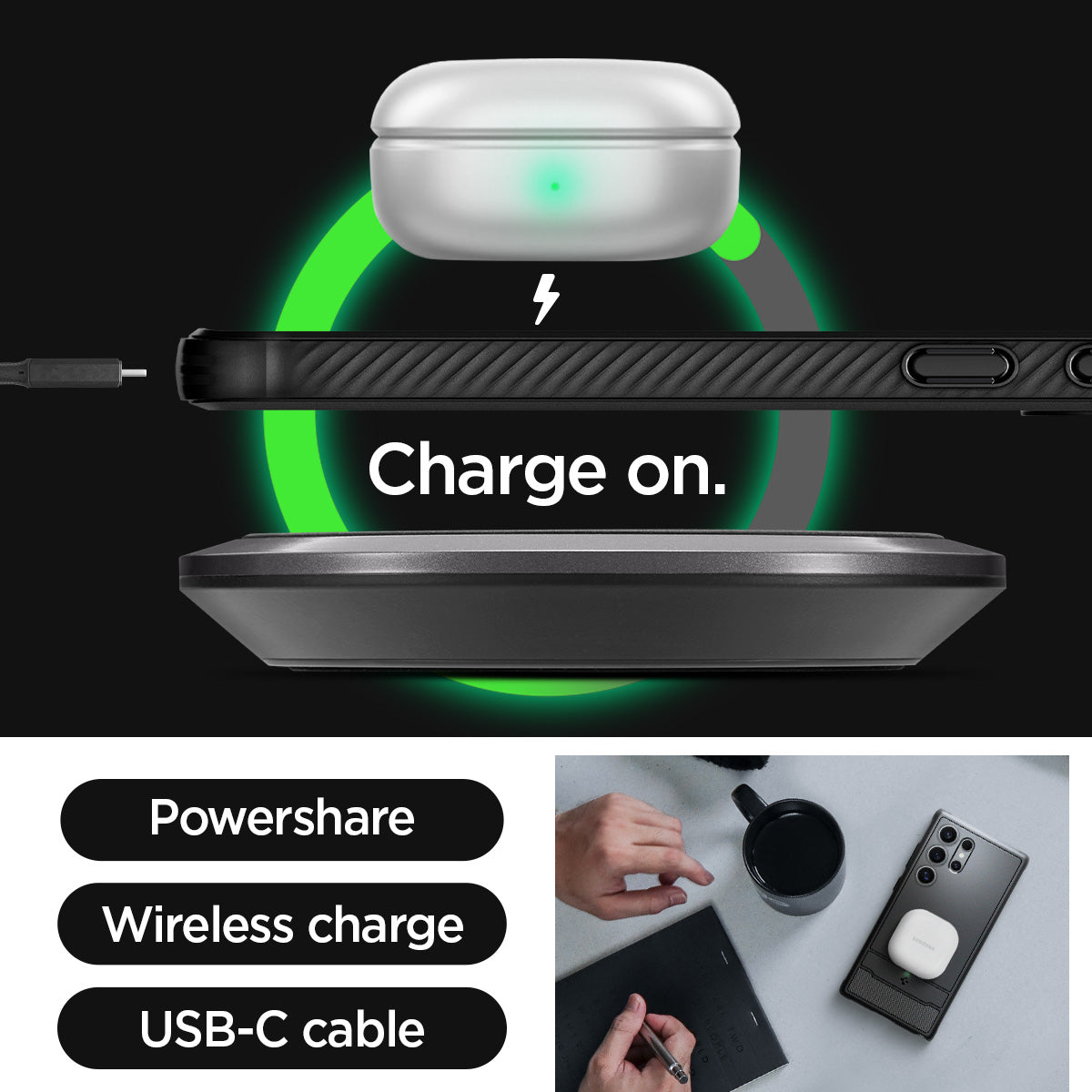 ACS07286 - Galaxy S24 Ultra Case Rugged Armor in Matte Black showing the powershare, wireless charge and USB-C cable