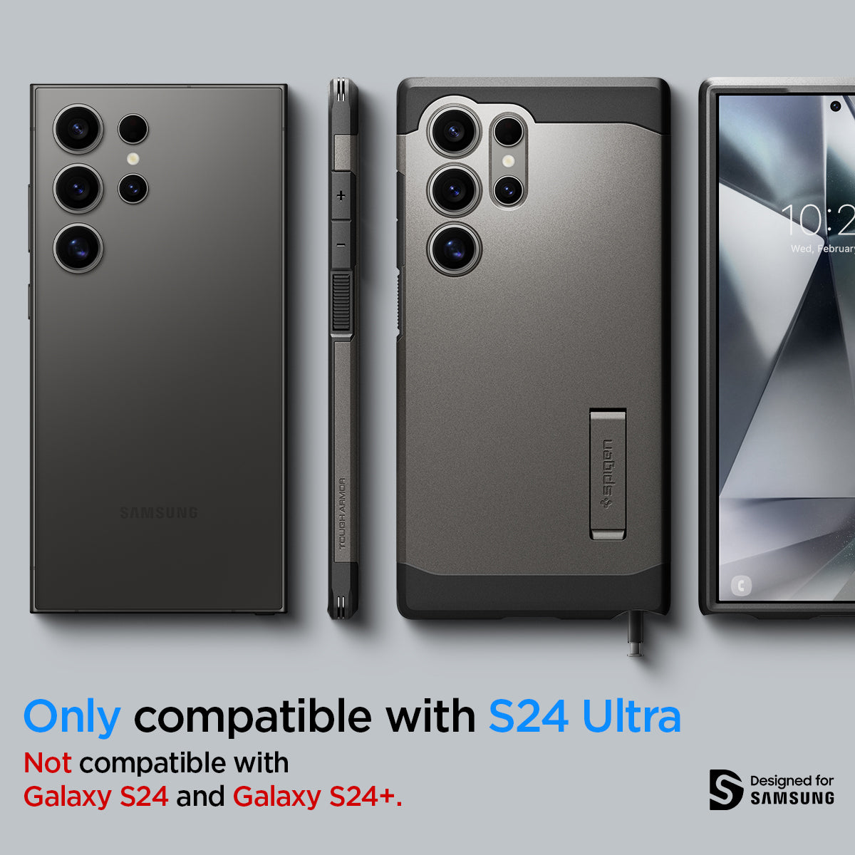 ACS07301 - Galaxy S24 Ultra Case Tough Armor in Gunmetal showing the compatibility only with S24 Ultra. Not compatible with Galaxy S24 and Galaxy S24+