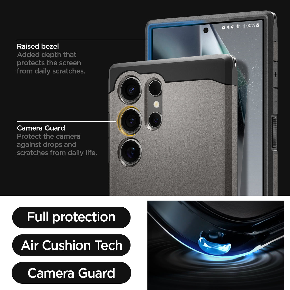 ACS07301 - Galaxy S24 Ultra Case Tough Armor in Gunmetal showing the full protection, air cushion tech and camera guard. Raised bezel-added depth that protects the screen from daily scratches