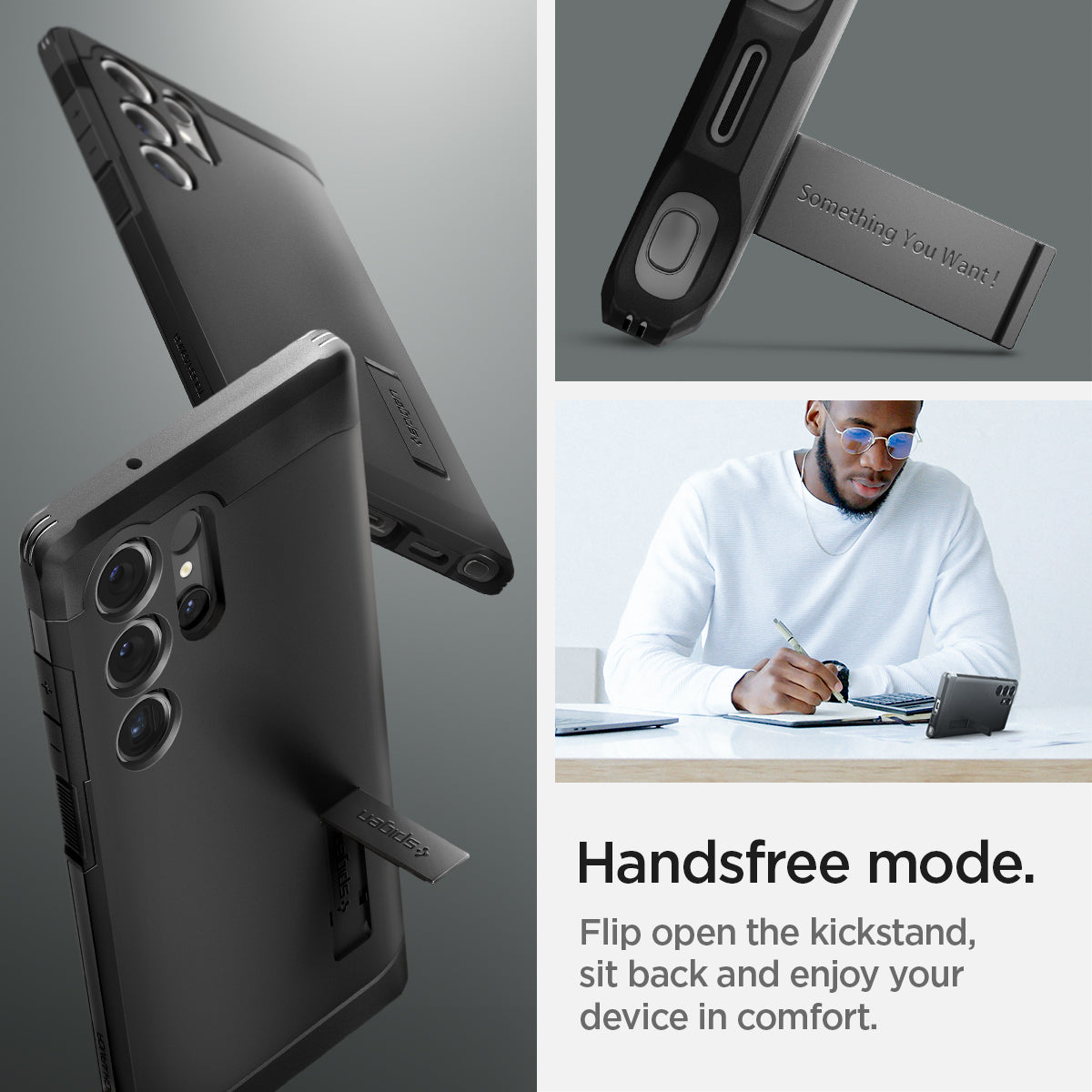 ACS07300 - Galaxy S24 Ultra Case Tough Armor in Black showing the handsfree mode. Flip open the kickstand, sit back and enjoy your device in comfort