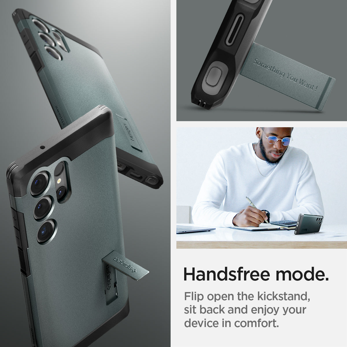 ACS07302 - Galaxy S24 Ultra Case Tough Armor in Abyss Green showing the handsfree mode. Flip open the kickstand, sit back and enjoy your device in comfort