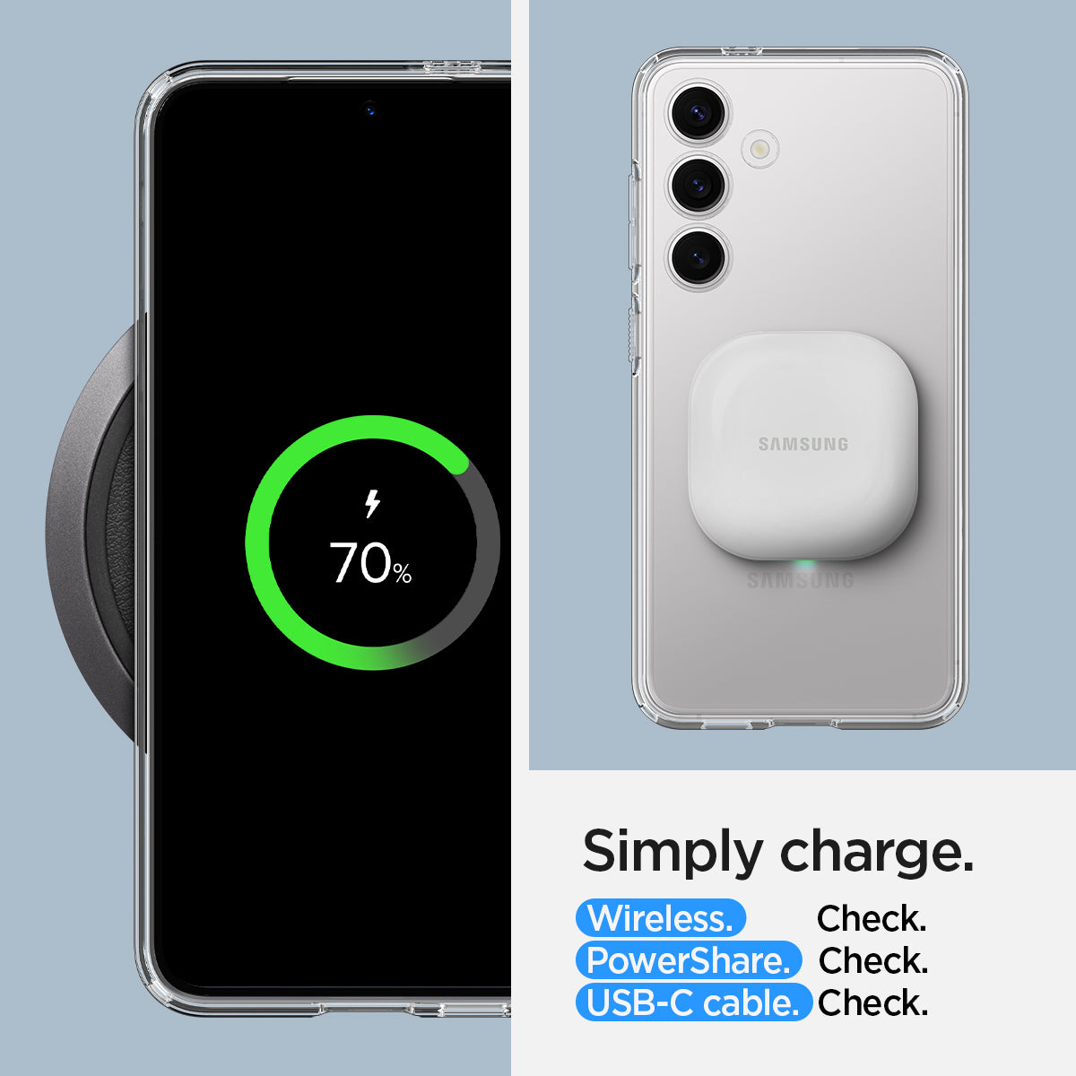 ACS07349 - Galaxy S24 Case Ultra Hybrid in Crystal Clear Simply charge wireless check. power share check. USB-C cable check.