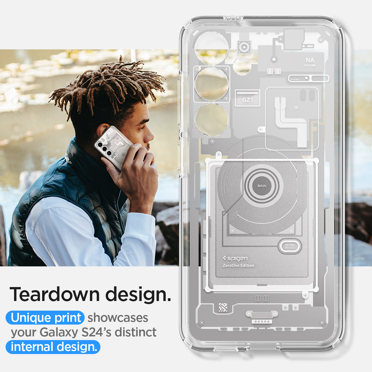 ACS07351 - Galaxy S24 Case Ultra Hybrid Zero One in Zero One White teardown design. Unique print showcases your galaxy S24's distinct internal design.