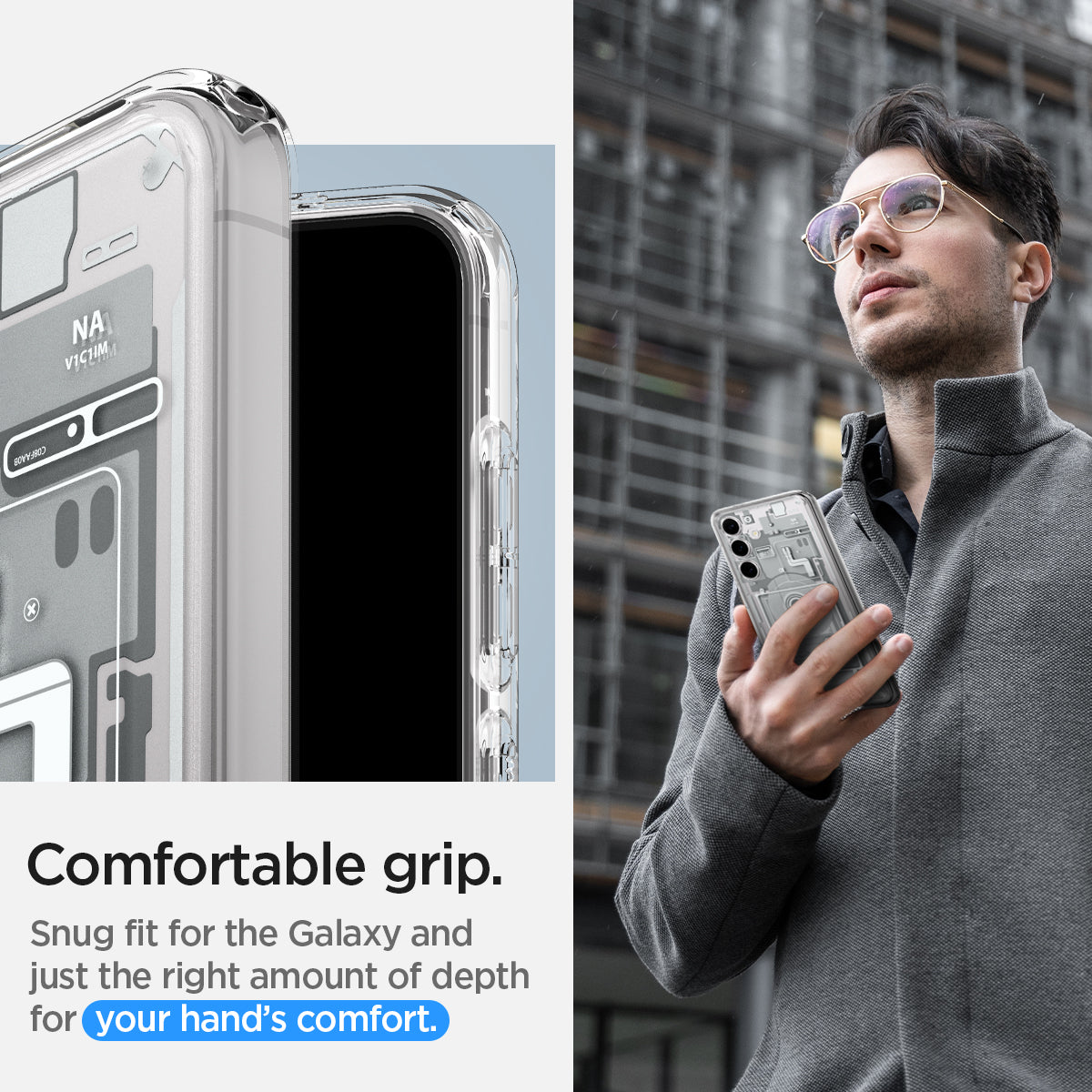 ACS07351 - Galaxy S24 Case Ultra Hybrid Zero One in Zero One White comfortable grip. Snug fit for the galaxy and just the right amount of depth for your hand's comfort.