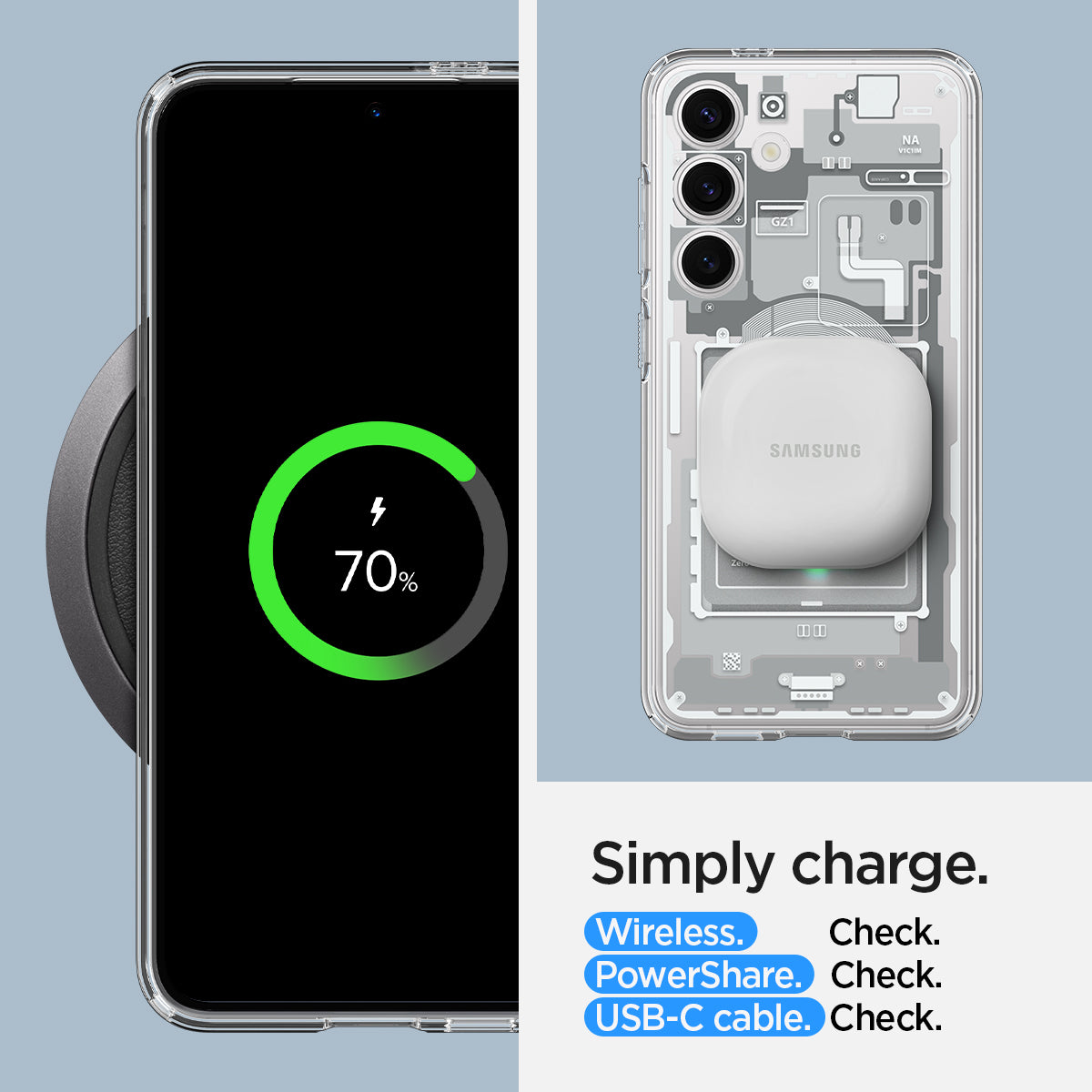 ACS07351 - Galaxy S24 Case Ultra Hybrid Zero One in Zero One White simply charge. Wireless check. Powershare check. USB-C cable check.
