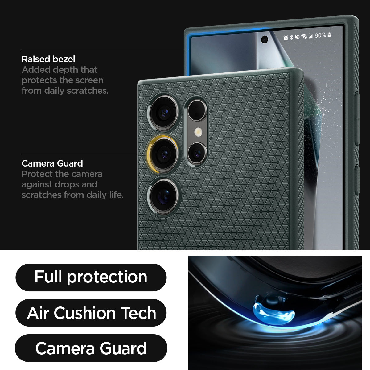 ACS07288 - Galaxy S24 Ultra Case Liquid Air in Abyss Green raised bezel added depth that protects the screen from daily scratches. camera guard protect the camera against drops and scratches from daily life. full protection. air cushion tech. camera guard.