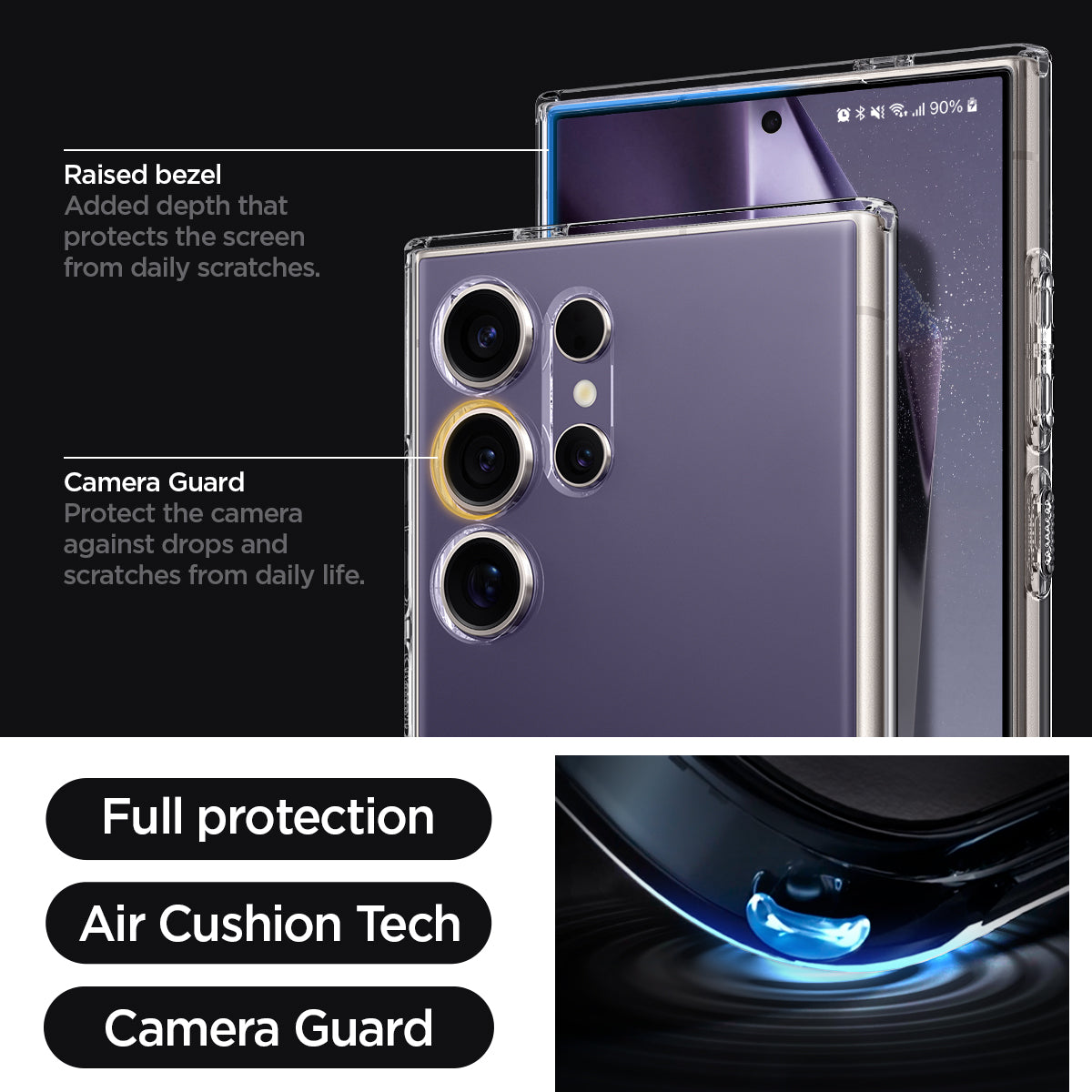 ACS07283 - Galaxy S24 Ultra Case Liquid Crystal in Crystal Clear raised bezel added depth that protects the screen from daily scratches. camera guard protect the camera against drops and scratches from daily life. full protection. air cushion tech. camera guard.