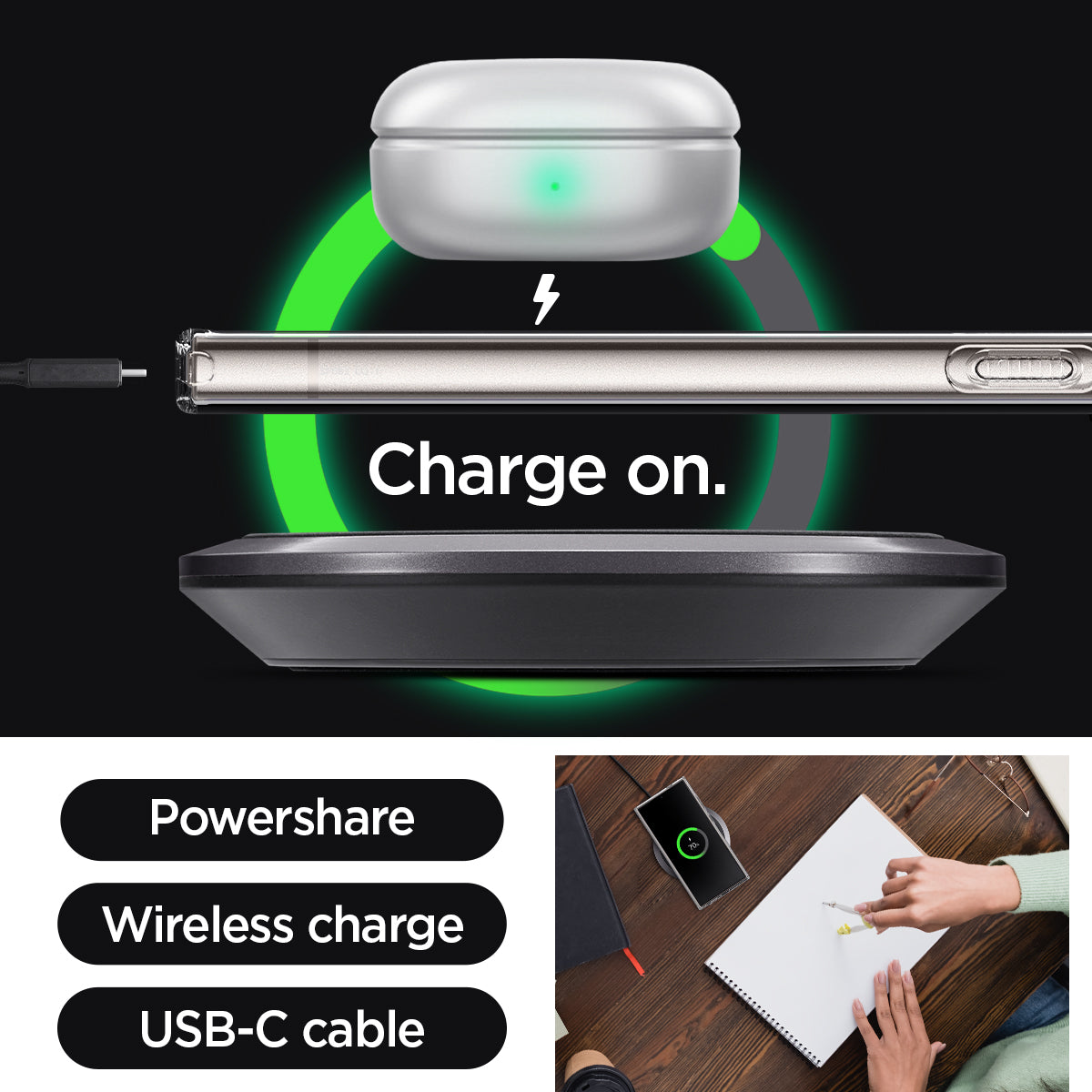ACS07283 - Galaxy S24 Ultra Case Liquid Crystal in Crystal Clear charge on. powershare. wireless charge. USB-C cable.
