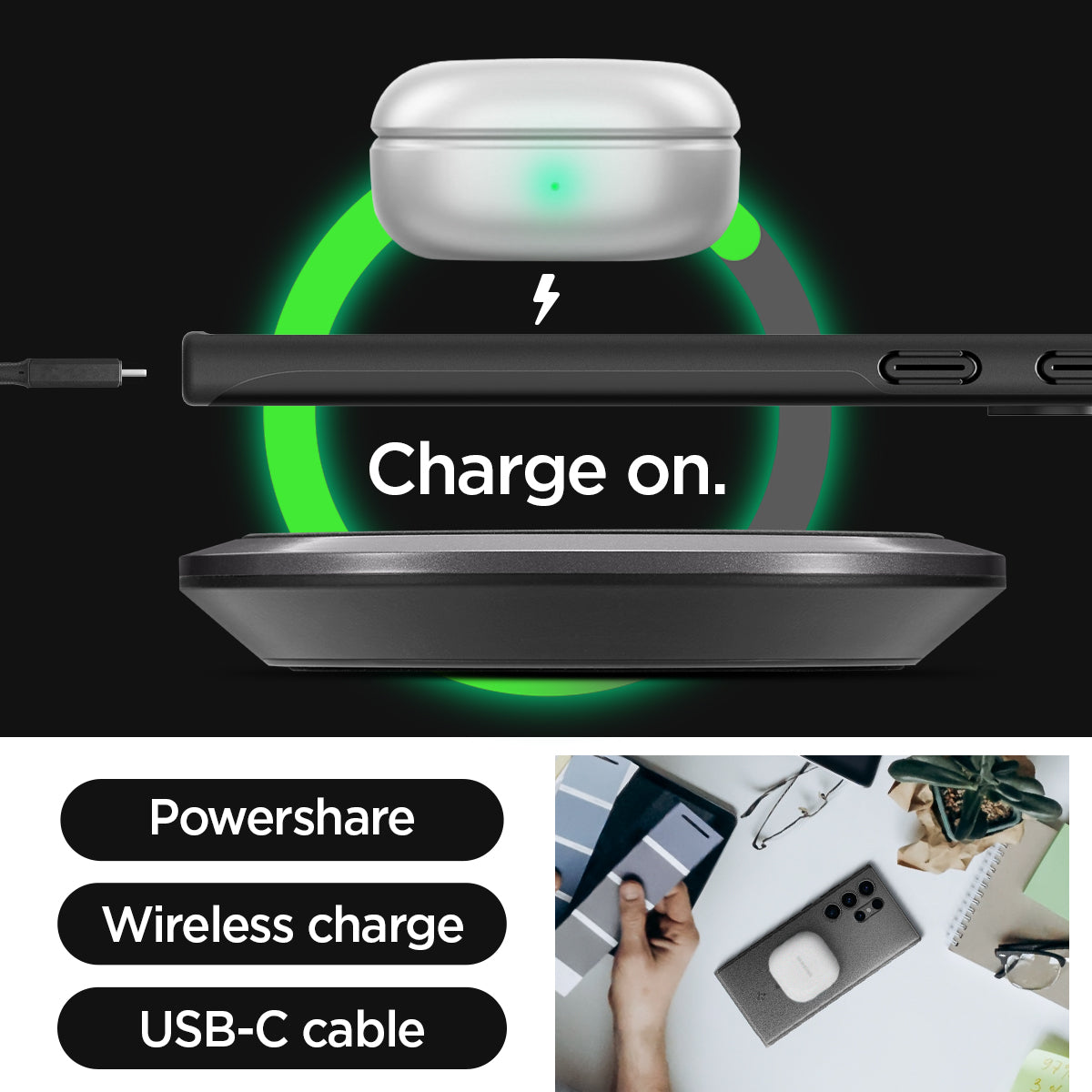 ACS07281 - Galaxy S24 Ultra Case Thin Fit in Black charge on. powershare. wireless charge. USB-C cable.