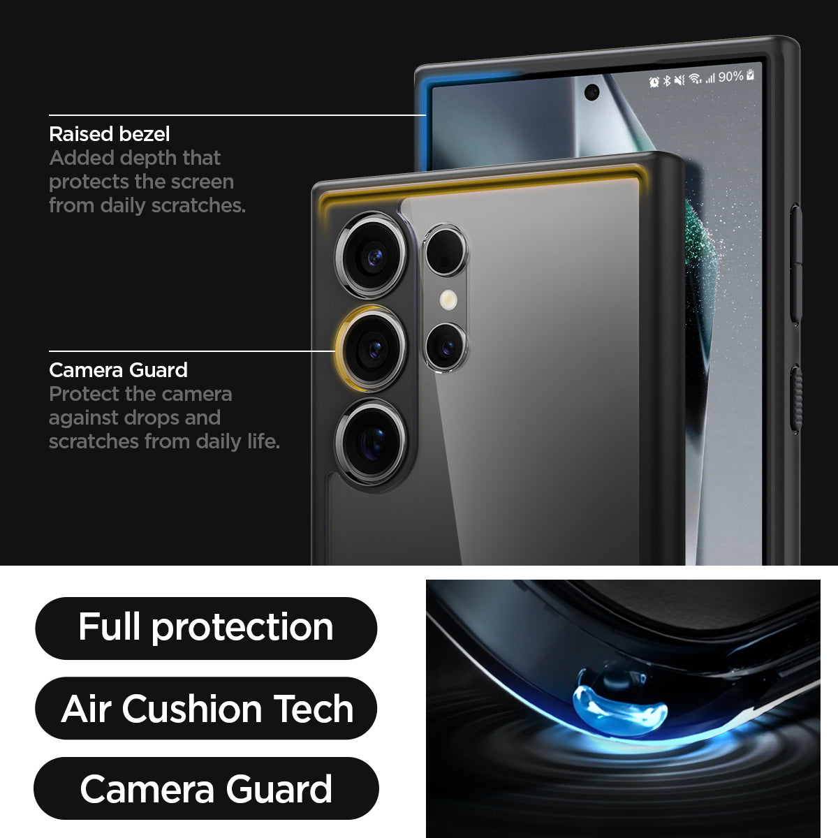 ACS07295 - Galaxy S24 Ultra Case Ultra Hybrid in Matte Black raised bezel added depth that protects the screen from daily scratches. camera guard protect the camera against drops and scratches from daily life. full protection. air cushion tech. camera guard.