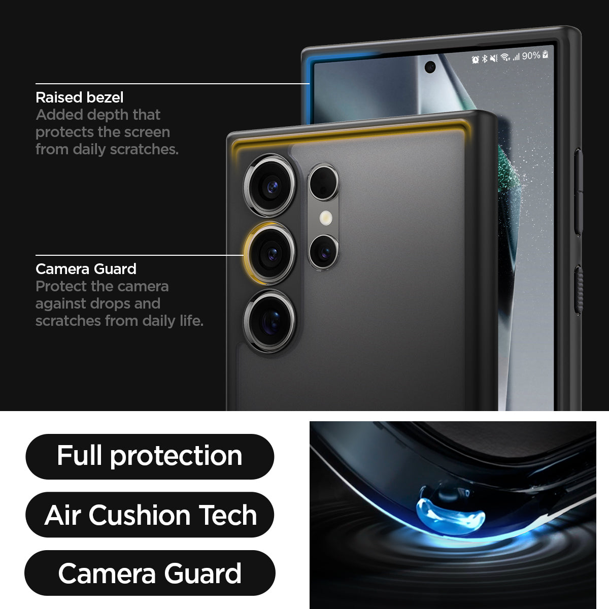 ACS07296 - Galaxy S24 Ultra Case Ultra Hybrid in Frost Black raised bezel added depth that protects the screen from daily scratches. camera guard protect the camera against drops and scratches from daily life. full protection. air cushion tech. camera guard.
