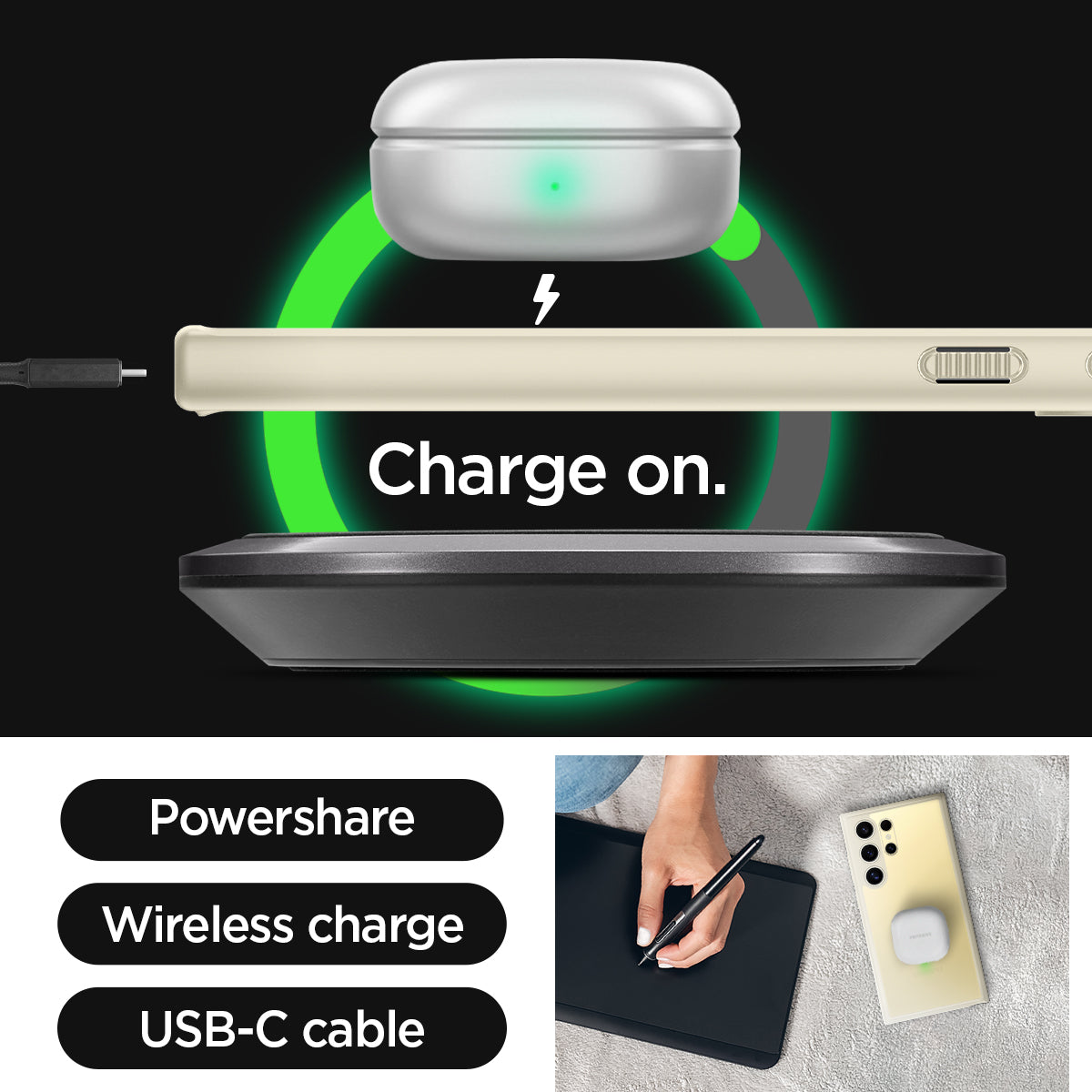 ACS07415 - Galaxy S24 Ultra Case Ultra Hybrid in Mute Beige charge on. powershare. wireless charge. USB-C cable.