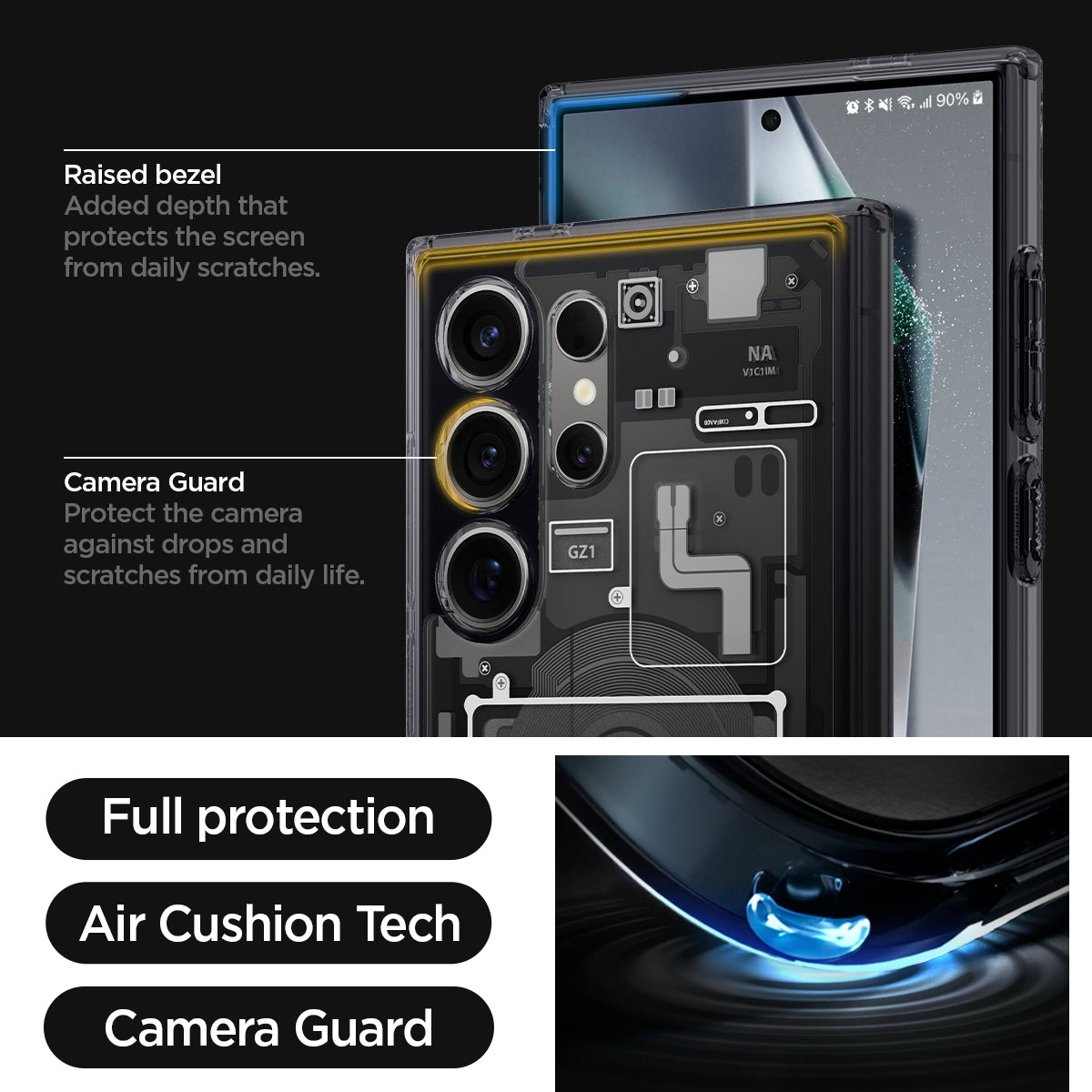 ACS07293 - Galaxy S24 Ultra Case Ultra Hybrid Zero One in Zero One raised bezel added depth that protects the screen from daily scratches. camera guard protect the camera against drops and scratches from daily life. full protection. air cushion tech. camera guard.