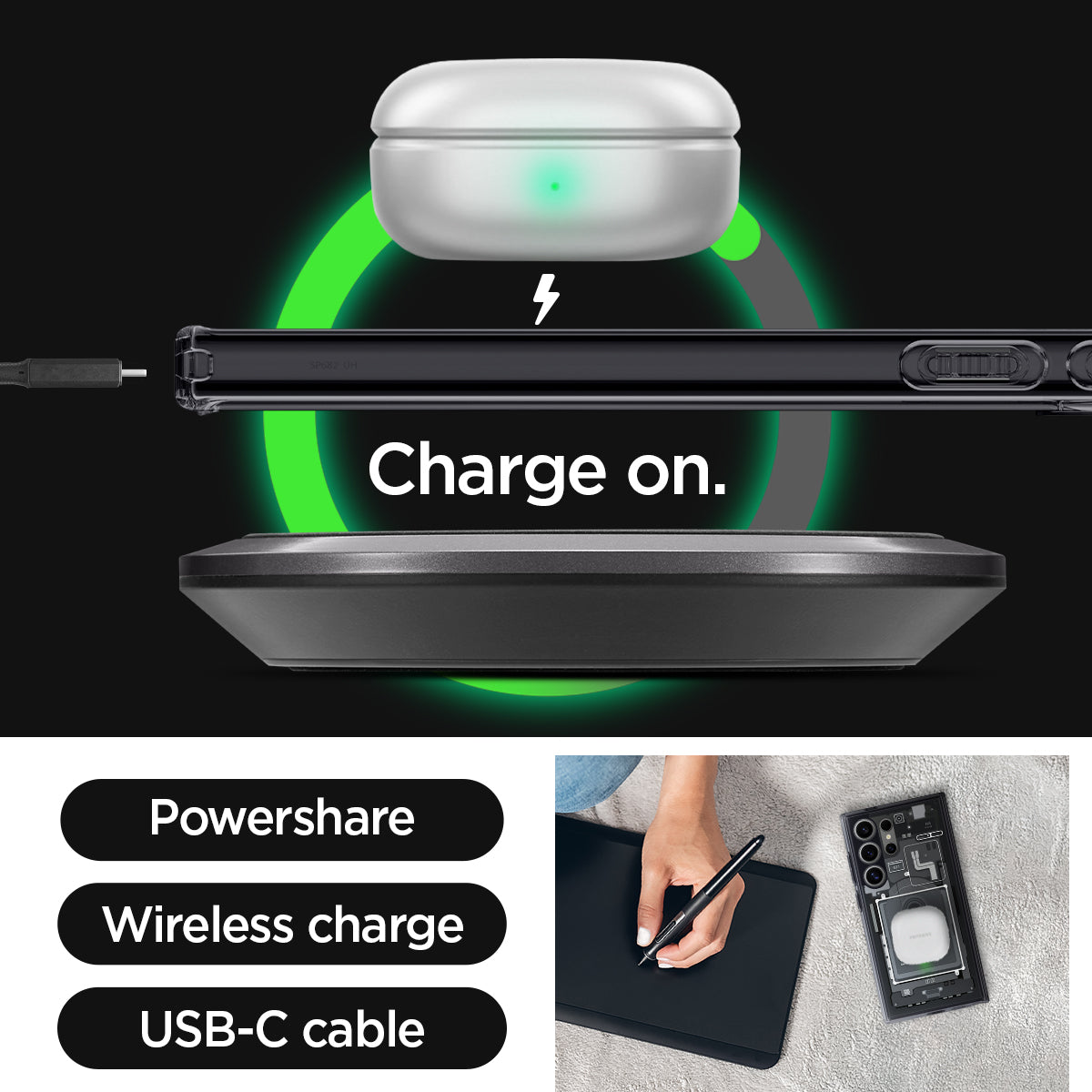 ACS07293 - Galaxy S24 Ultra Case Ultra Hybrid Zero One in Zero One charge on. powershare. wireless charge. USB-C cable.