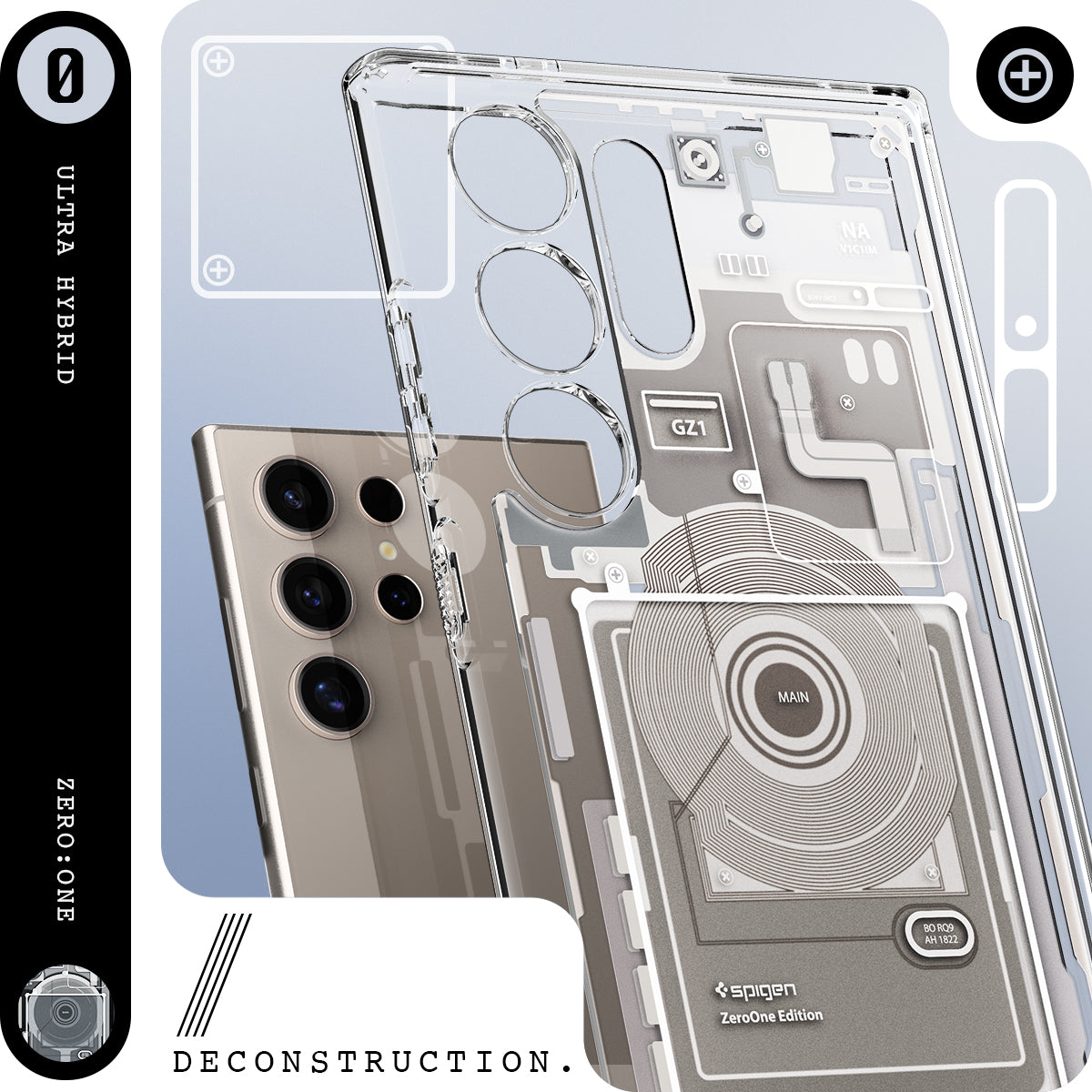 ACS07653 - Galaxy S24 Ultra Case Ultra Hybrid Zero One in Zero One Natural Titanium showing ultra hybrid zero one. deconstruction.
