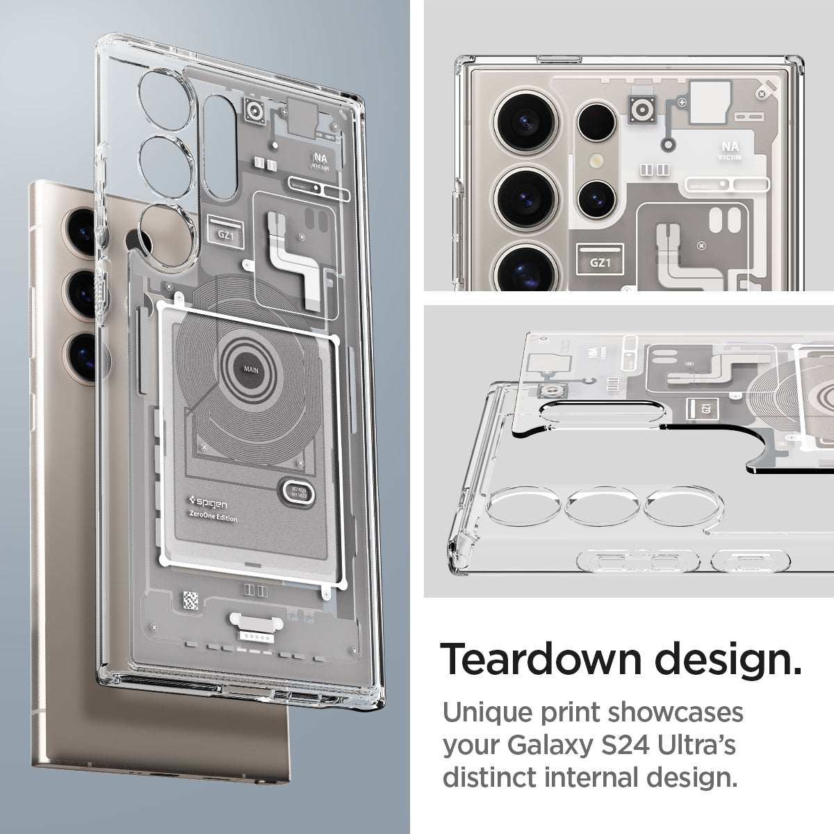 ACS07653 - Galaxy S24 Ultra Case Ultra Hybrid Zero One in Zero One Natural Titanium teardown design. Unique print showcases your galaxy S24 ultra's distinct internal design.
