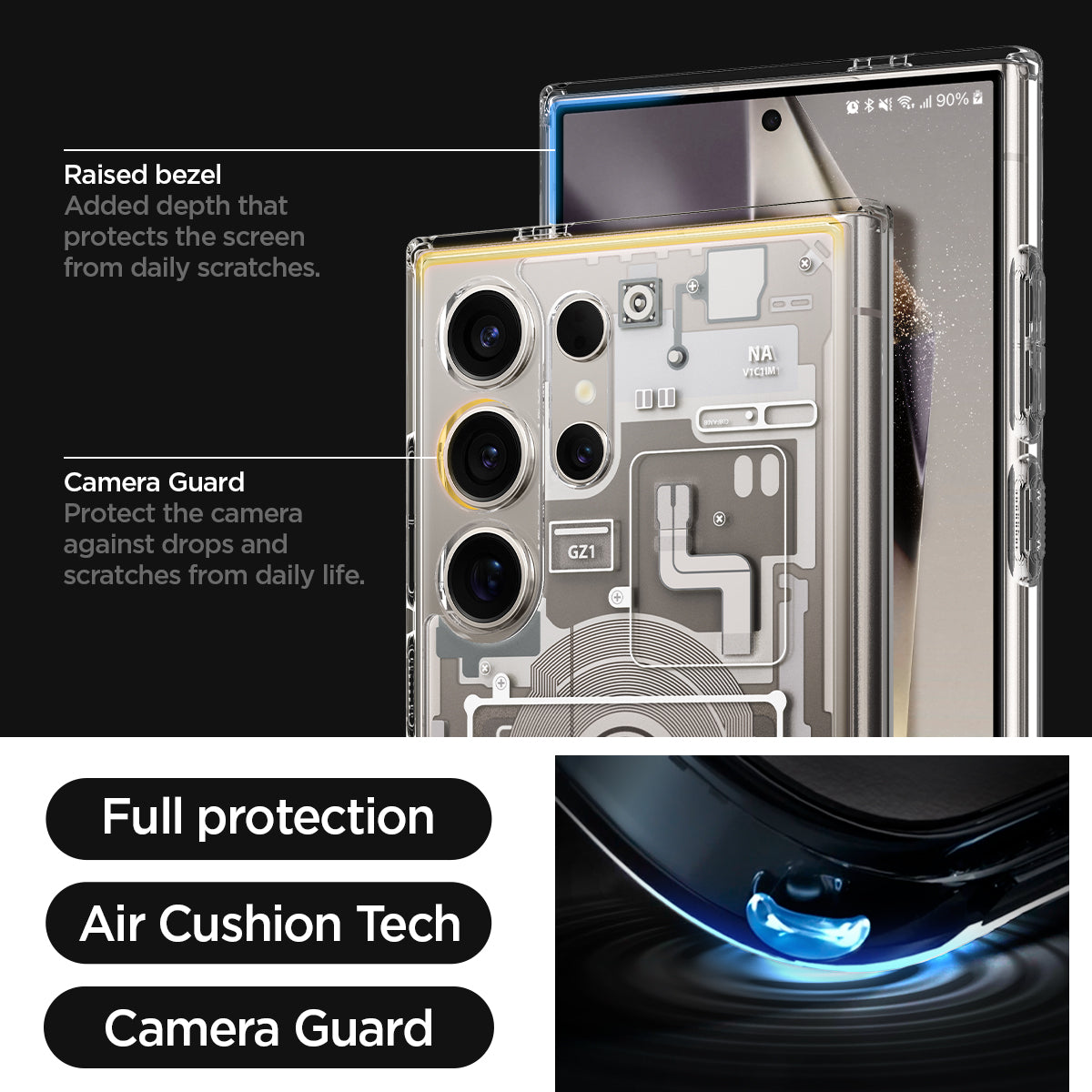 ACS07653 - Galaxy S24 Ultra Case Ultra Hybrid Zero One in Zero One Natural Titanium raised bezel added depth that protects the screen from daily scratches. camera guard protect the camera against drops and scratches from daily life. full protection. air cushion tech. camera guard.