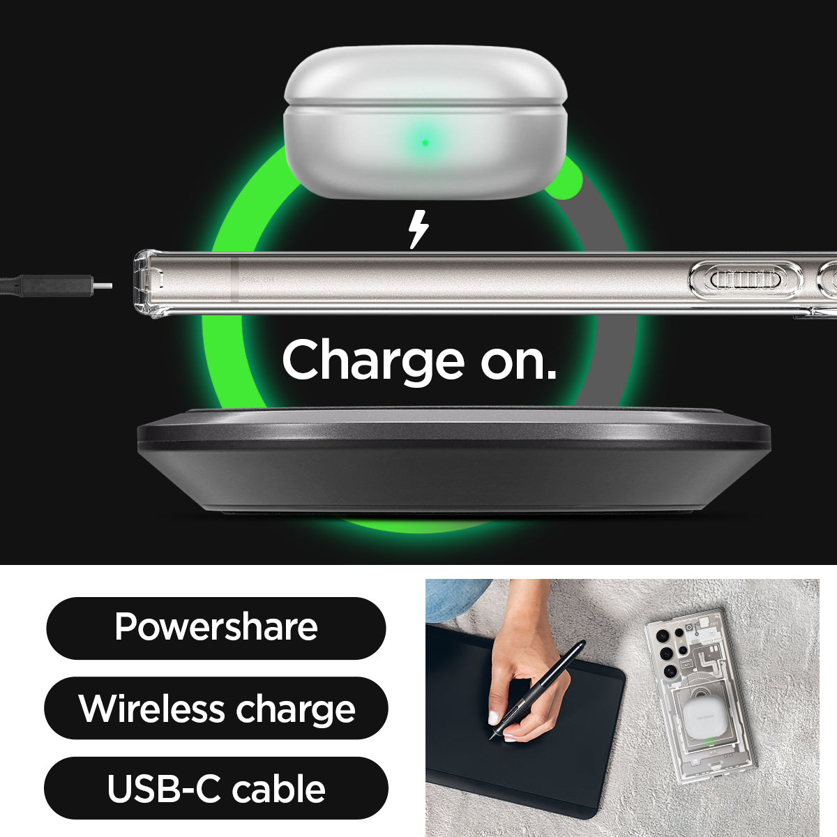 ACS07653 - Galaxy S24 Ultra Case Ultra Hybrid Zero One in Zero One Natural Titanium charge on. powershare. wireless charge. USB-C cable.