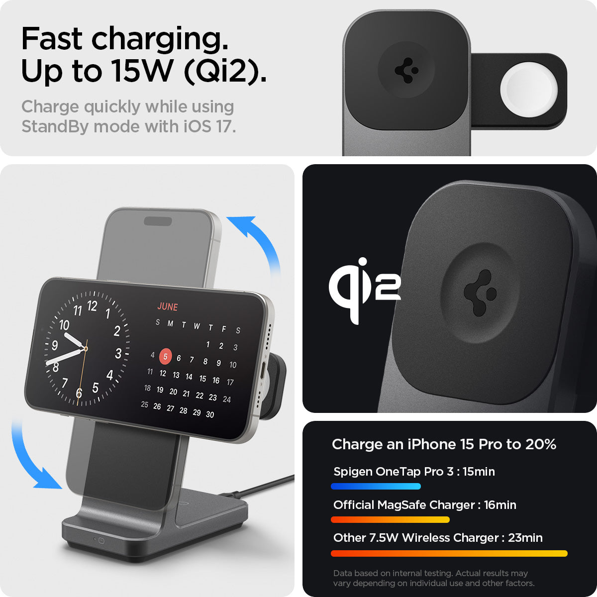 AMP06527 - fast charging up to 15W (Qi2). Charge quickly while using Standby mode with iOS 17.