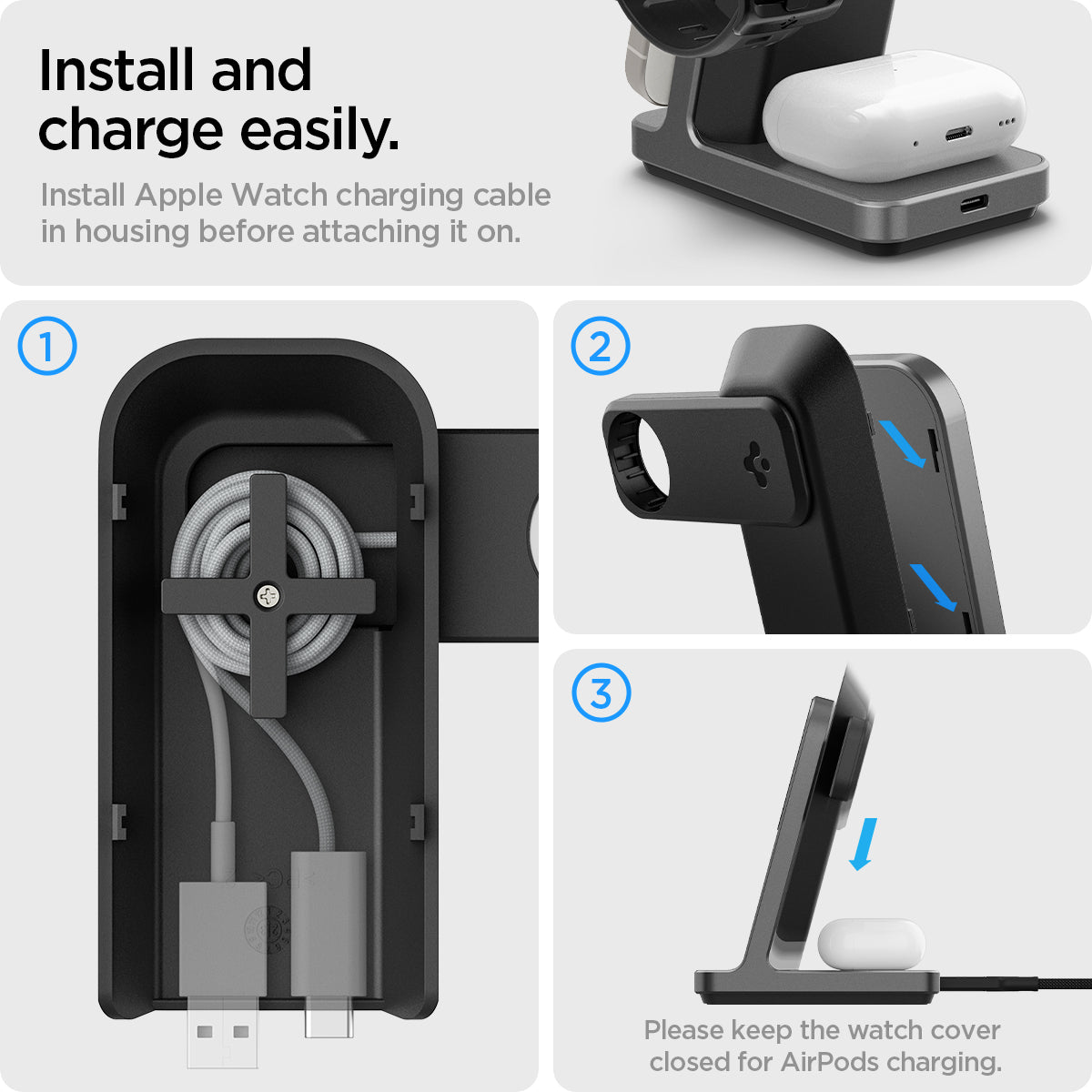 AMP06527 - install and charge easily. Install apple watch charging cable in housing before attaching it on. Please keep the watch cover closed for airpods charging.
