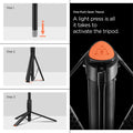 AMP09336 - Tripod Selfie Stick S541W in Black showing the one-push open tripod. A light press is al it takes to activate the tripod 1. Placed the stick on the floor 2. Lightly press to release the stand and 3. Extend the tripod stand