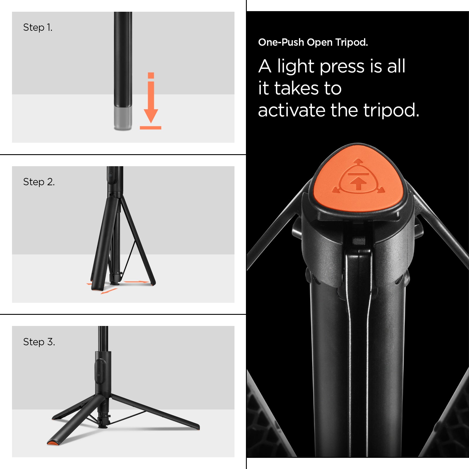 AMP09336 - Tripod Selfie Stick S541W in Black showing the one-push open tripod. A light press is al it takes to activate the tripod 1. Placed the stick on the floor 2. Lightly press to release the stand and 3. Extend the tripod stand