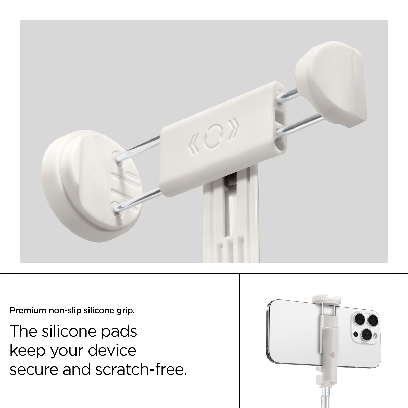 AMP09337 - Tripod Selfie Stick S541W in Dune Beige showing the premium non-slip silicone grip. The silicone pads keep your device secure and scratch-free