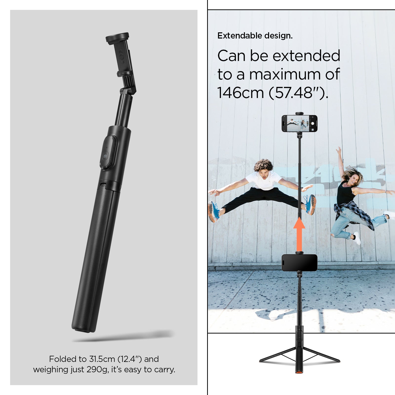 AMP09336 - Tripod Selfie Stick S541W in Black showing the extendable design. Can be extended to a maximum of 146cm (57.48") Folded to 31.5cm (12.4") and weighing just 290g, it's easy to carry