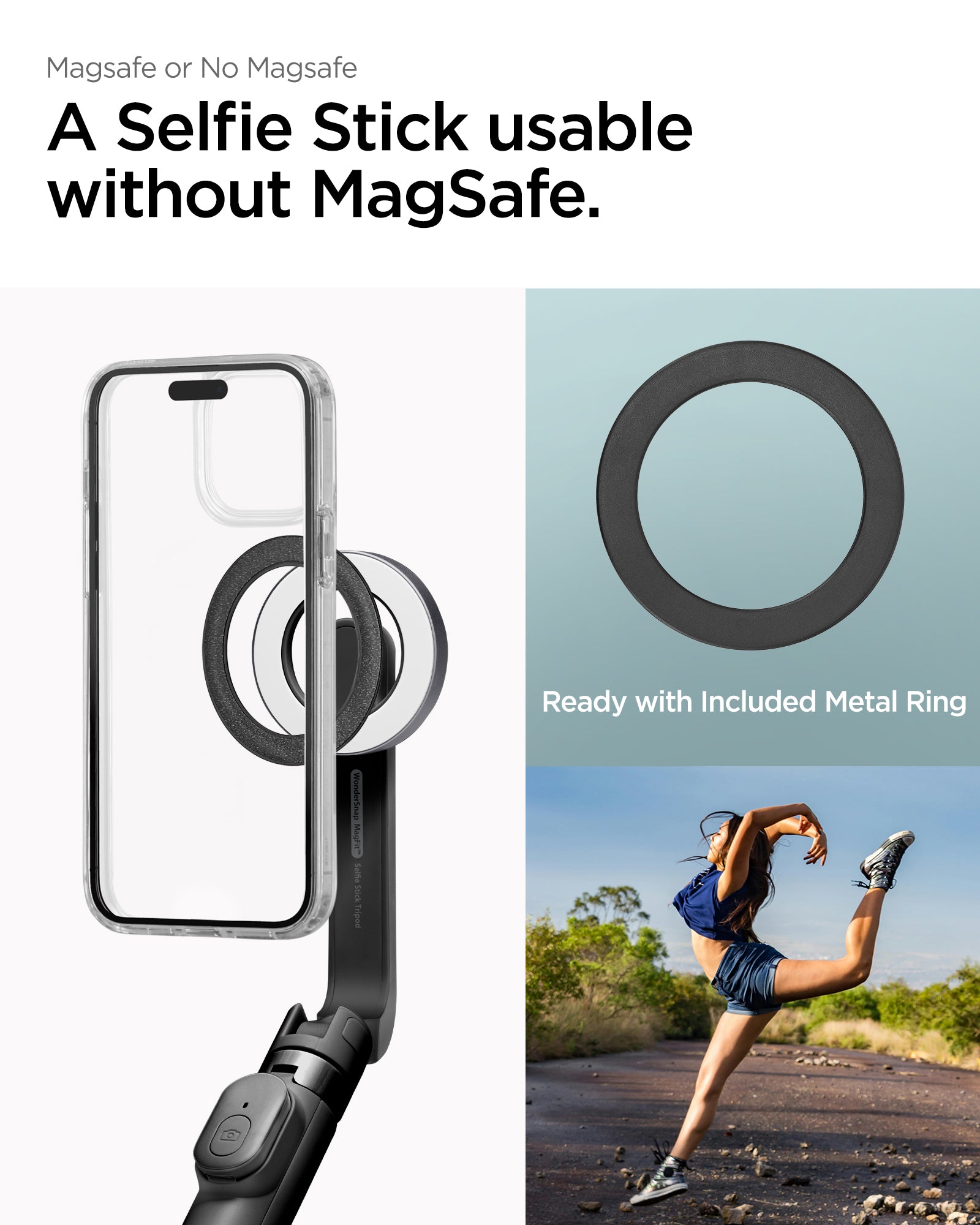 AMP07656 - Tripod Selfie Stick (Magfit) | S571W showing a selfie stick usable without magsafe. Ready with included metal ring