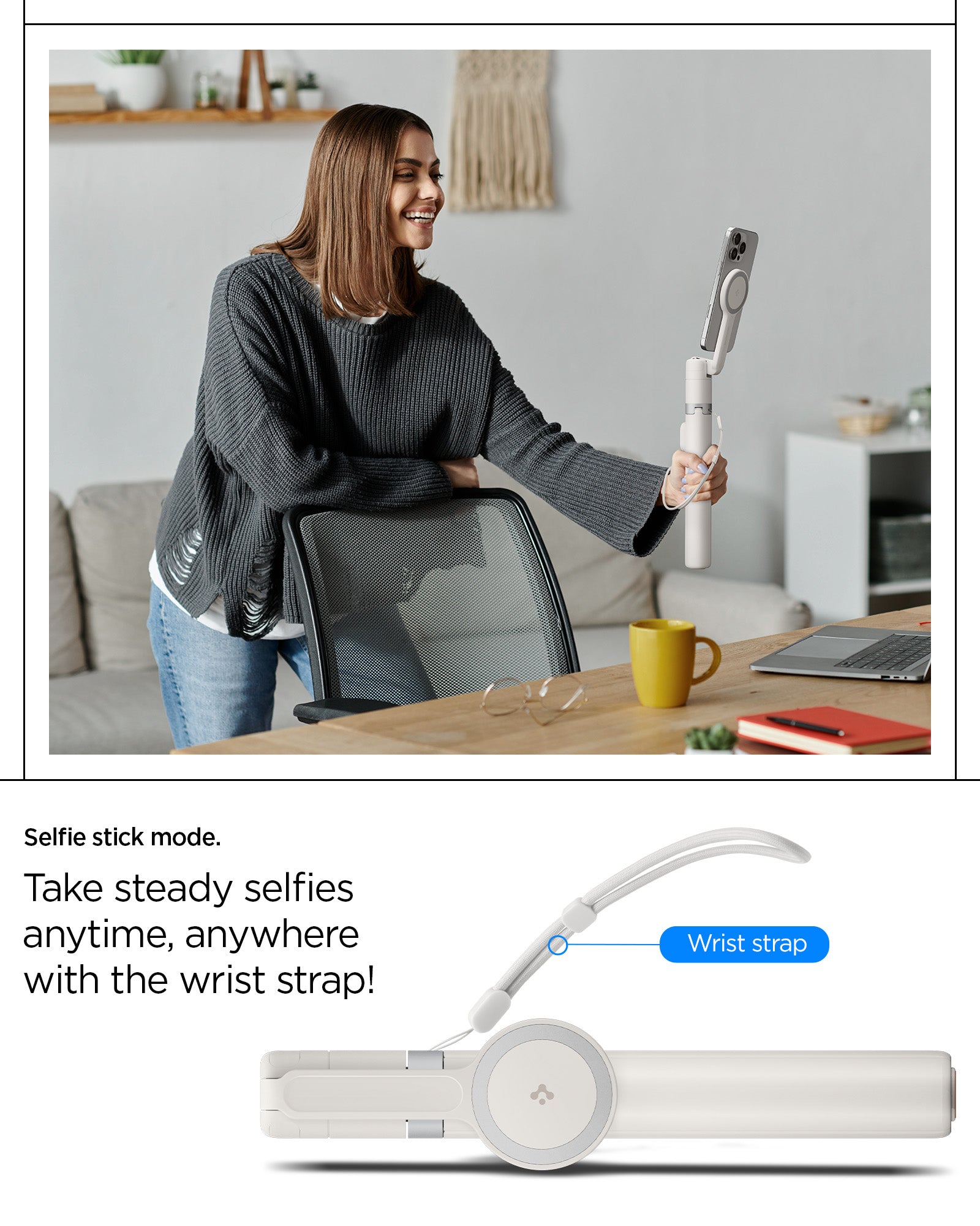 AMP09535 - s581w selfie stick magfit in dune beige selfie stick mode. take steady selfies anytime, anywhere with the wrist strap.