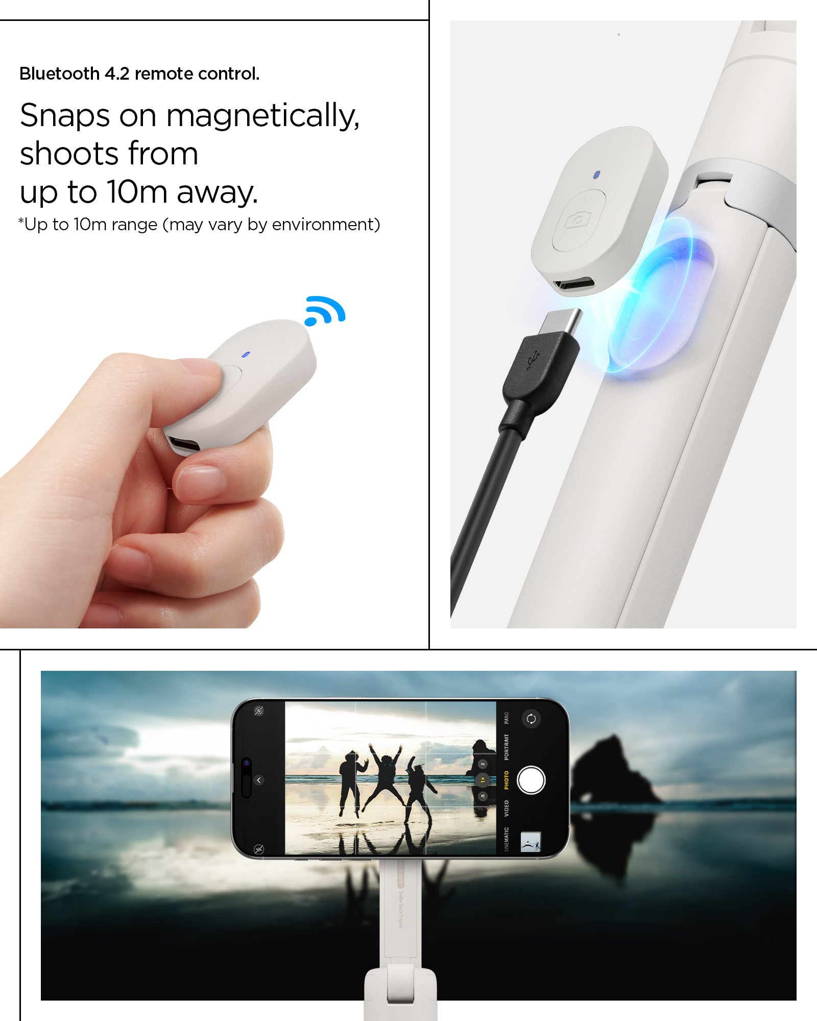 AMP09535 - s581w selfie stick magfit in dune beige bluetooth 4.2 remote control. Snaps on magnetically, shoots from up to 10m away. up to 10m range (may vary by environment)