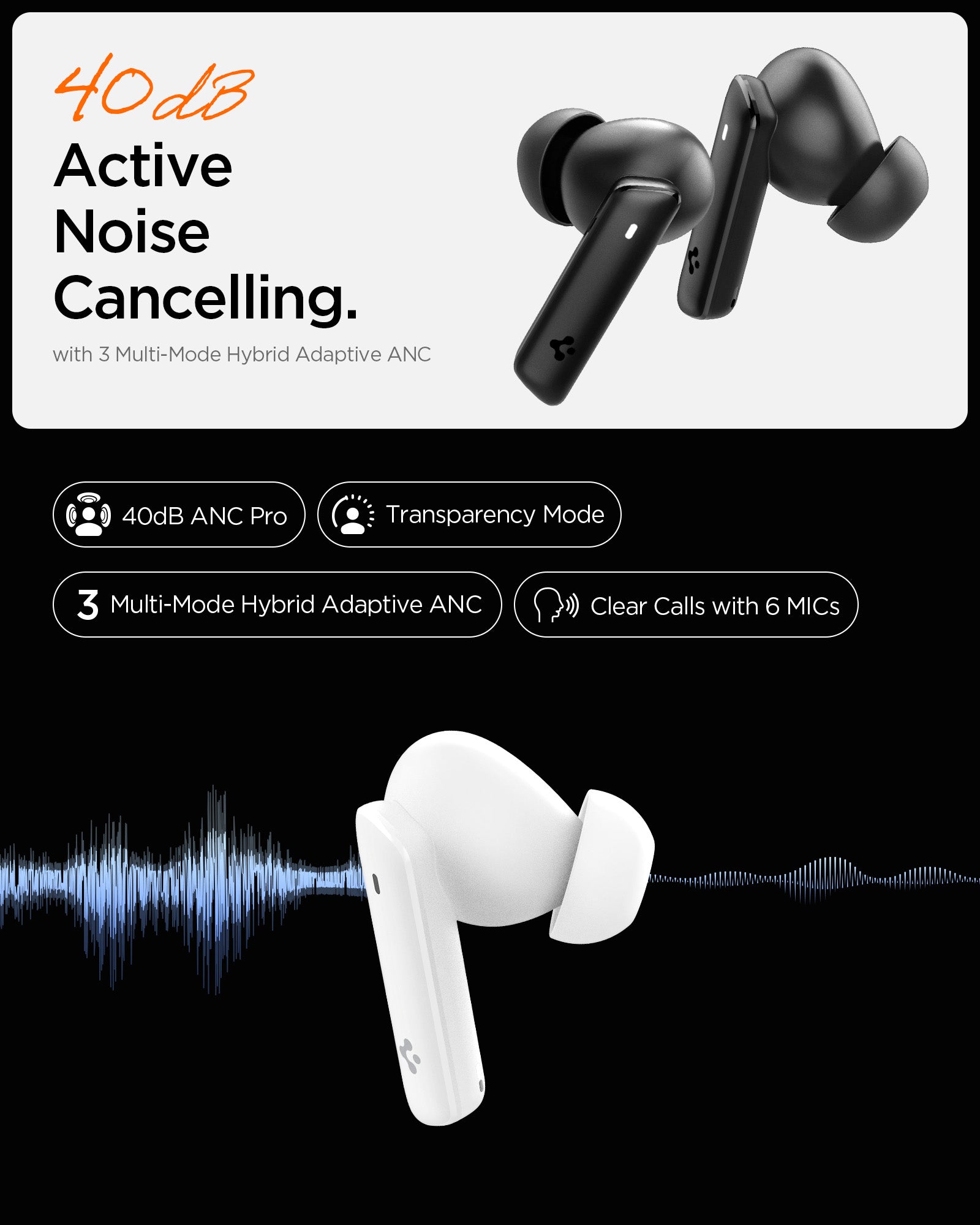 ASD07964 - Spigen True Wireless Earbuds SA2402 in White showing the 40db Active Noise Cancelling. with 3 Multi-Mode Hybrid Adaptive ANC. Transparency mode and clear calls with 6 MIC's